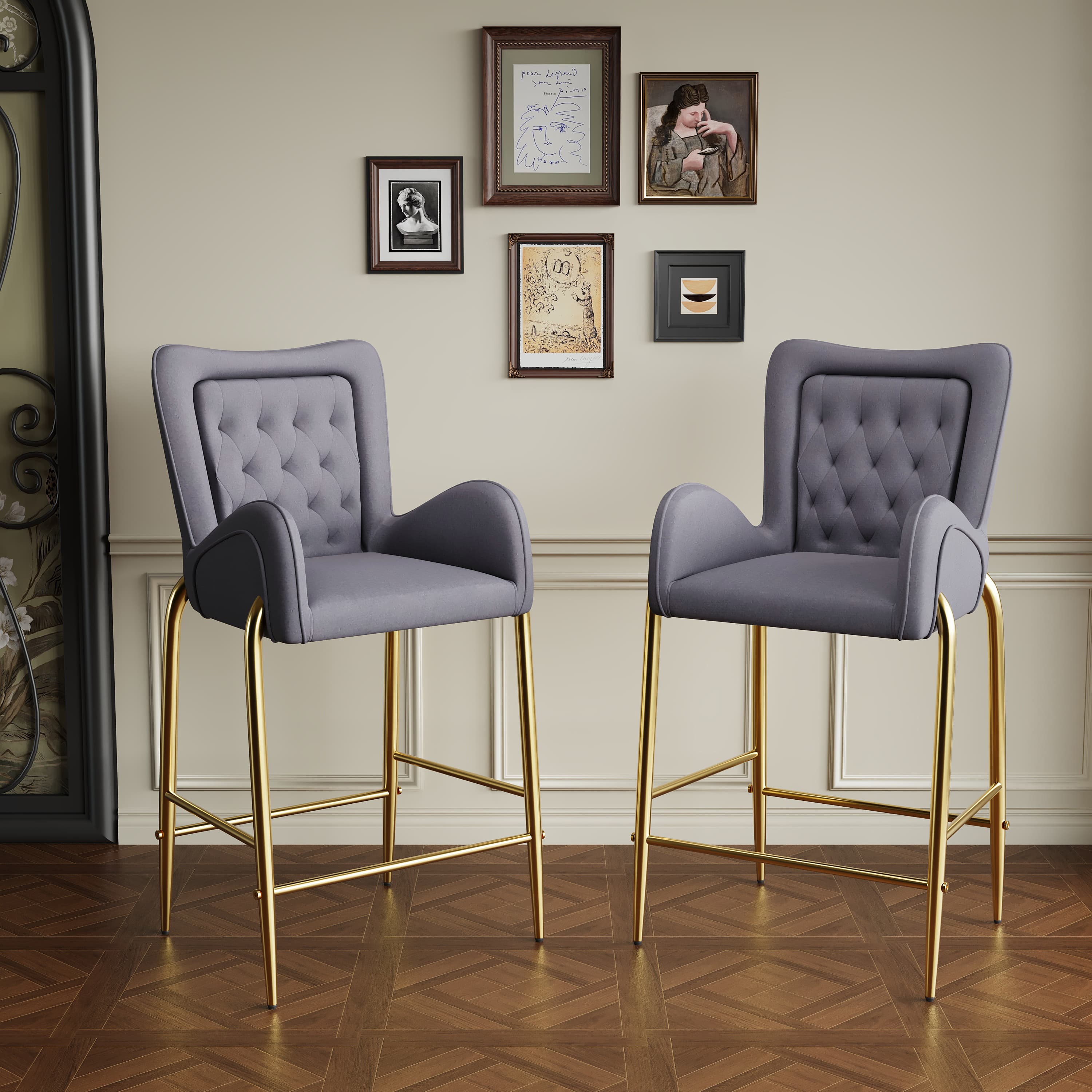 MAYEERTY 28.75inch Counter Height Bar Stools Set of 2 Velvet Golden Legs Footrests Gray Kitchen Island