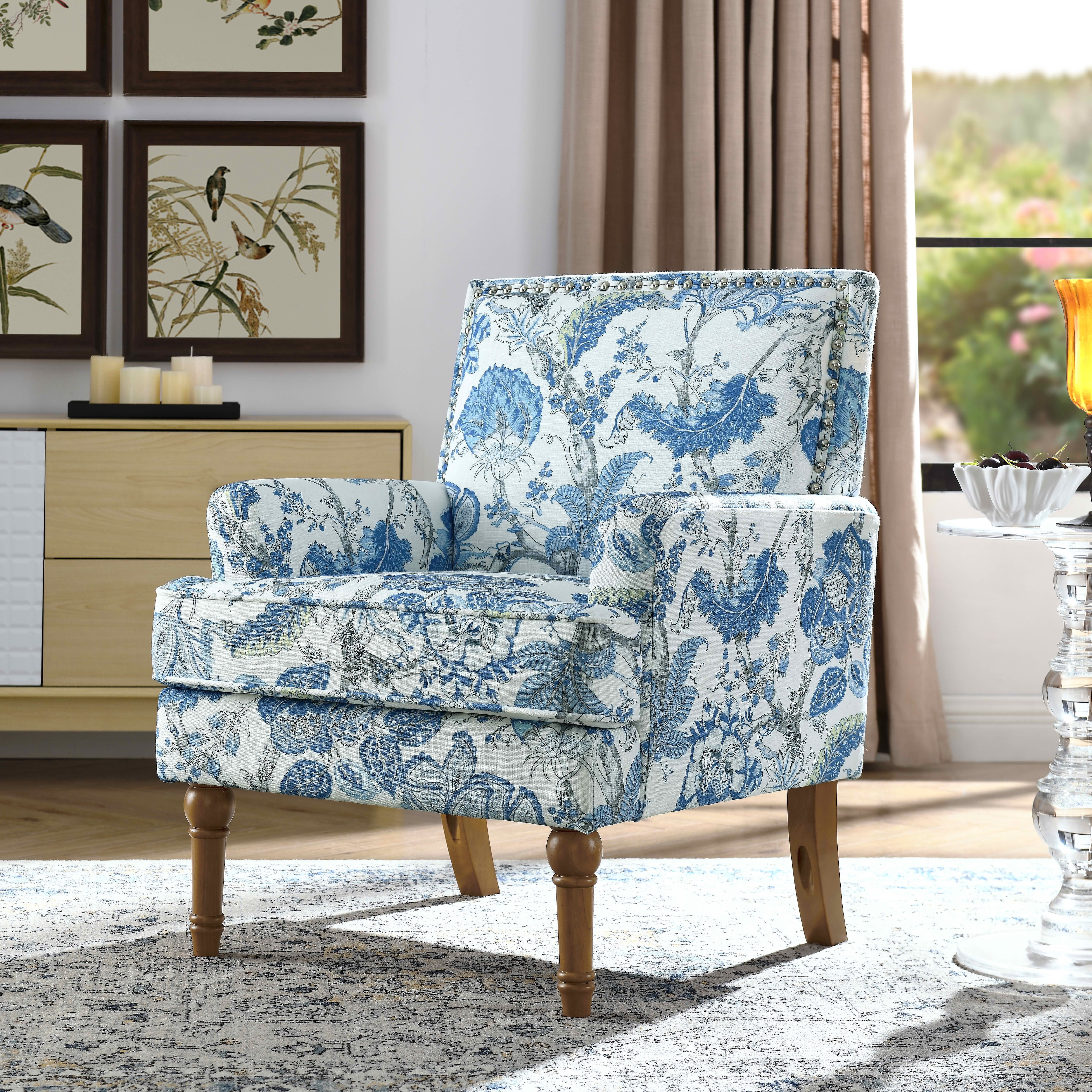 MAYEERTY 29 In Floral Accent Armchair, Farmhouse Upholstered, Nailhead Trim, Wood Legs, Blue