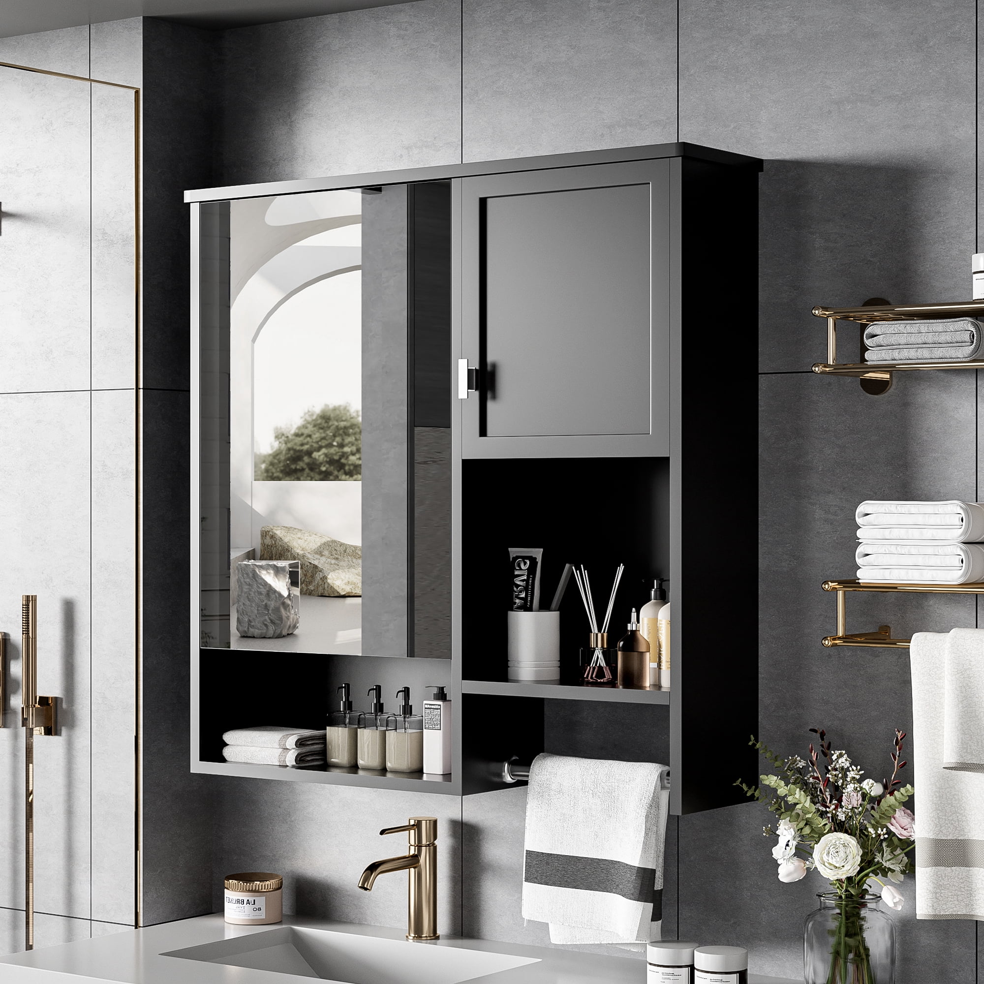 MAYEERTY 29'' x 28'' Modern Wall Mounted Bathroom Medicine Cabinet with Mirror, Over Toilet Space Saver with Towel Bar