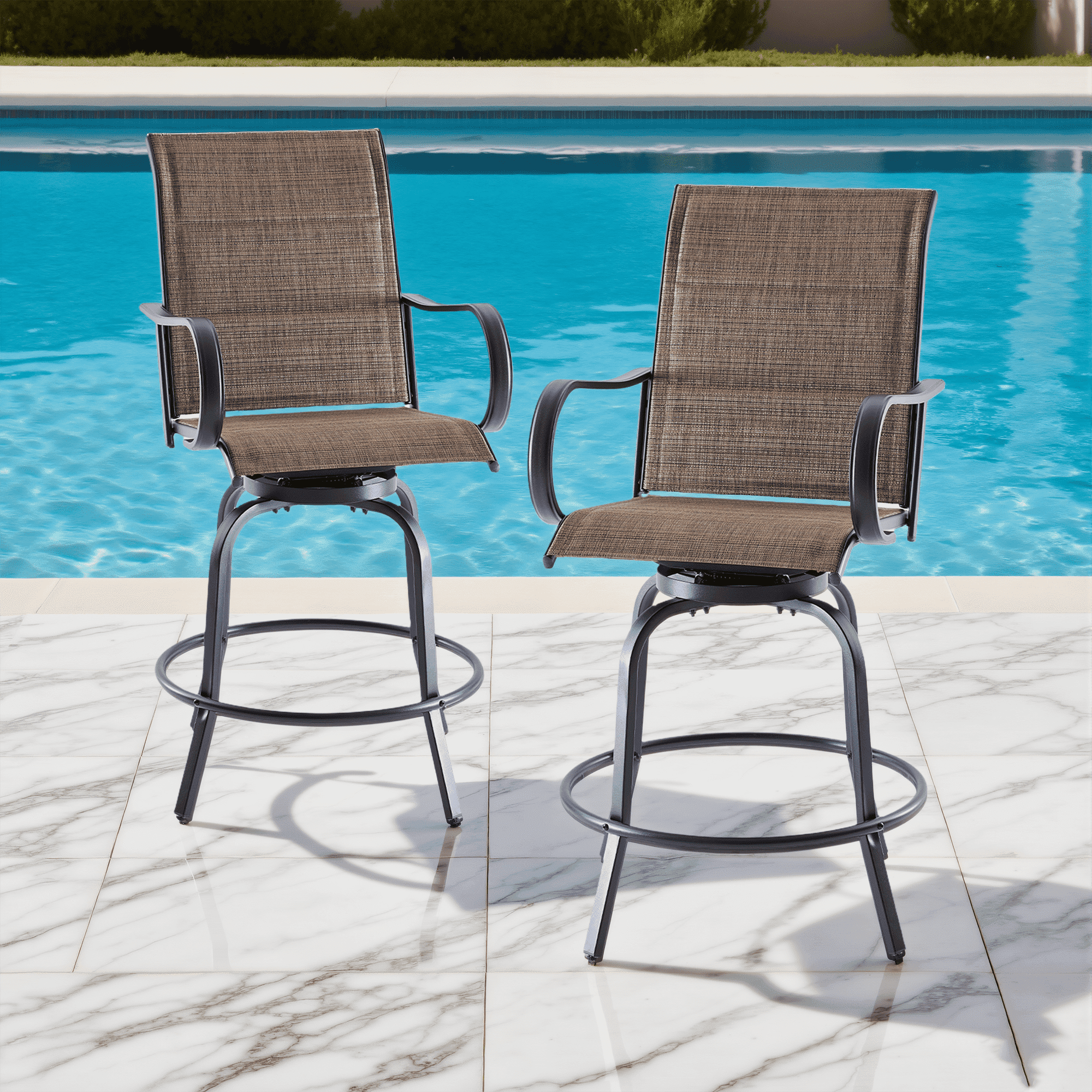 MAYEERTY 2-Piece Outdoor Bar Height Tall Stools Set,Paded Textilene,360°Swivel, Ergonomic for Balcony, Brown