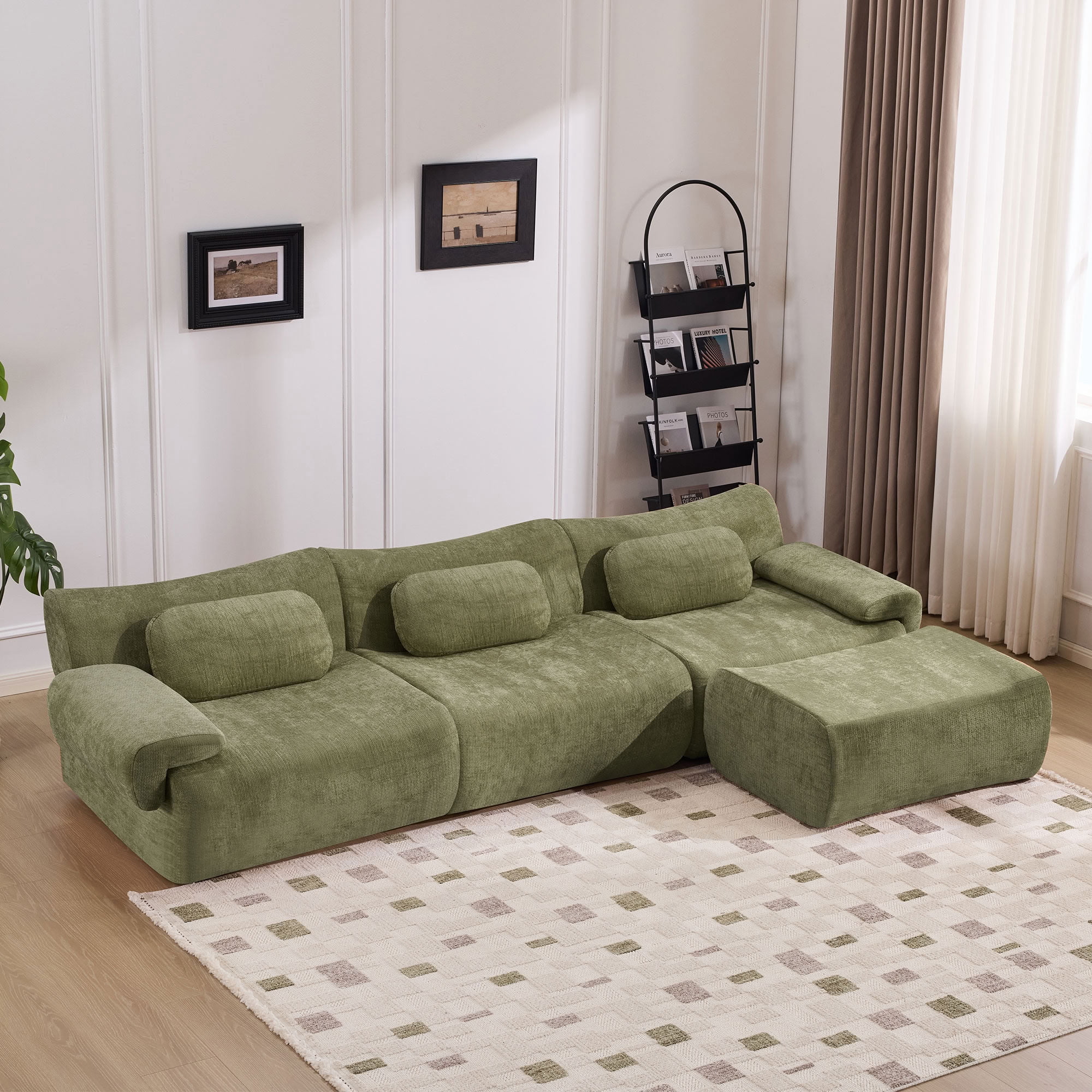 MAYEERTY 3+1 Seat Modular L-Shaped Sectional Sofa with Ottoman, Chenille Upholstered Deep Seat Couch with 3 Throw Pillows, No Assembly for Living Room Bedroom Apartment Small Spaces