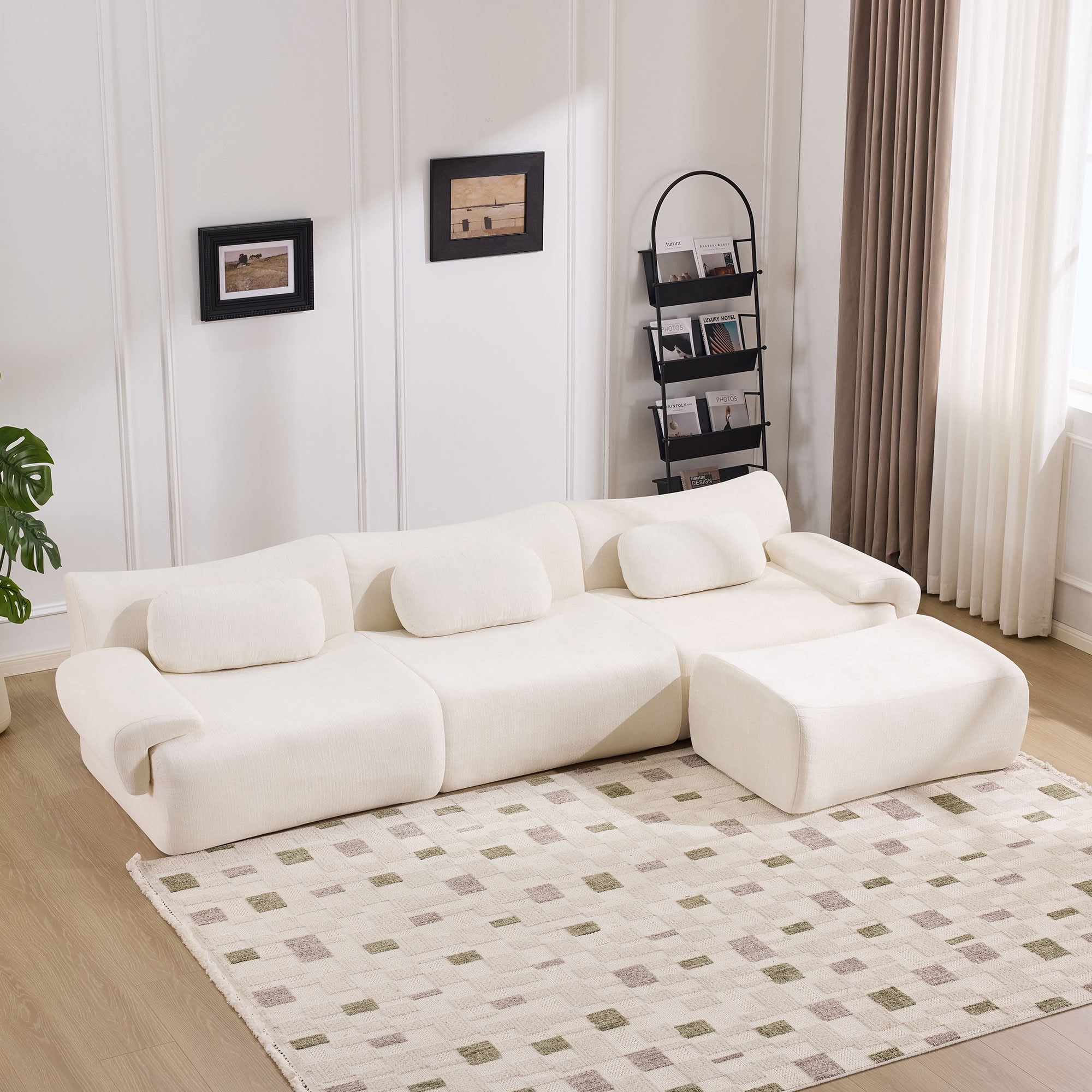 MAYEERTY 3+1 Seat Modular L-Shaped Sectional Sofa with Ottoman, Chenille Upholstered Deep Seat Couch with 3 Throw Pillows, No Assembly for Living Room Bedroom Apartment Small Spaces