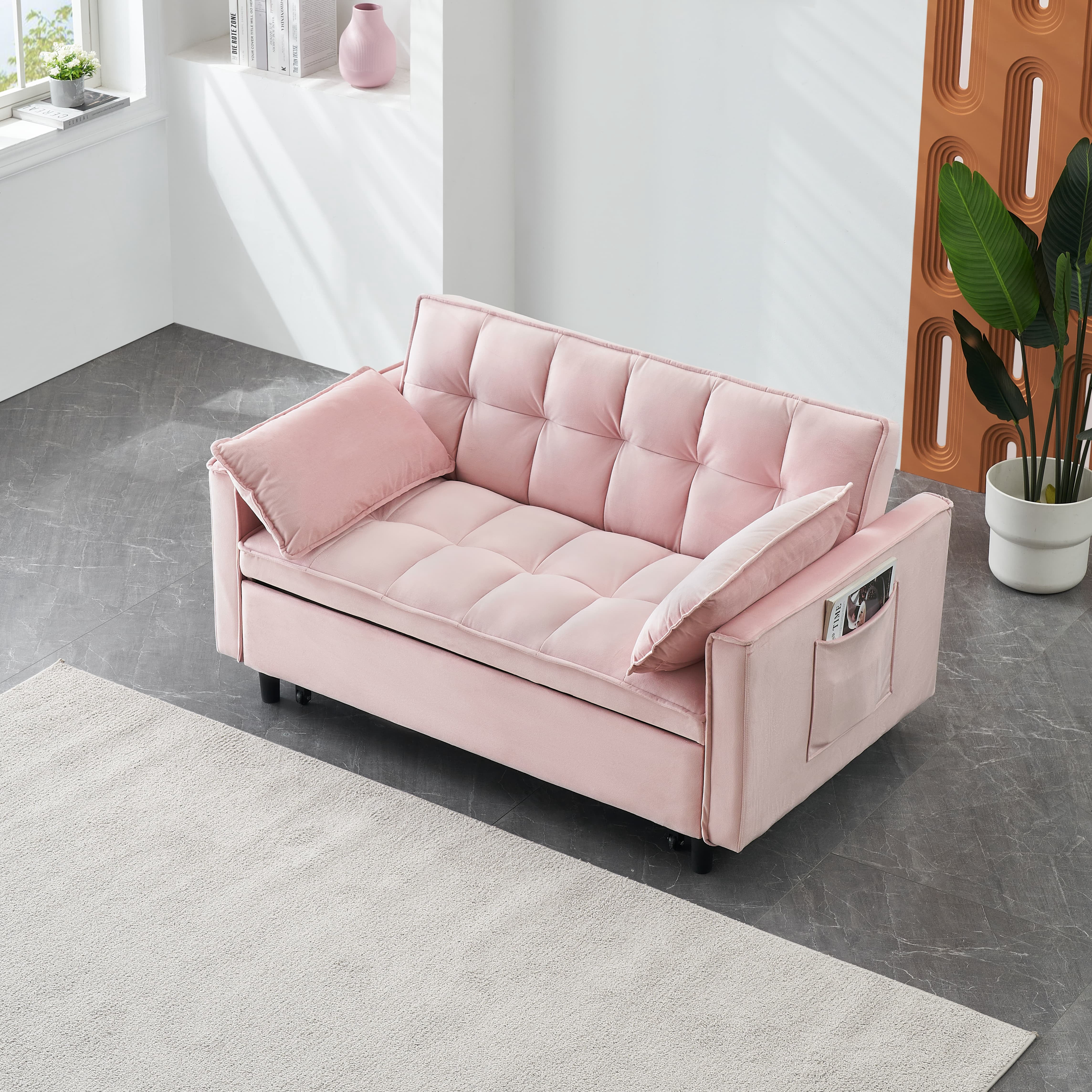 MAYEERTY 3 In 1 Convertible Sleep Sofa Bed, Pull Out Velvet Sleeper Sofa Small Loveseat, for Apartment, Living Room, Small Space, Pink
