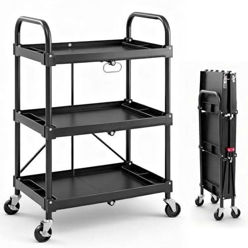 MAYEERTY 3-Layer Foldable Service Cart, 4 Wheels with Brakes 120-Pound Capacity Rolling Cart