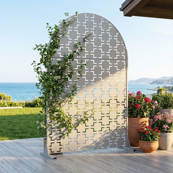 MAYEERTY 3-Panel Arched Gray Galvanized Steel Outdoor Privacy Screen with Square Grid Pattern for Garden Patio Yard, 47 X 72 Inch