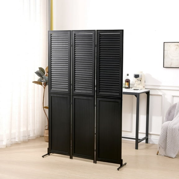 MAYEERTY 3 Panel Room Divider 6Ft Wood Folding Privacy Screen Black Free Standing Wall Separator Room Divider