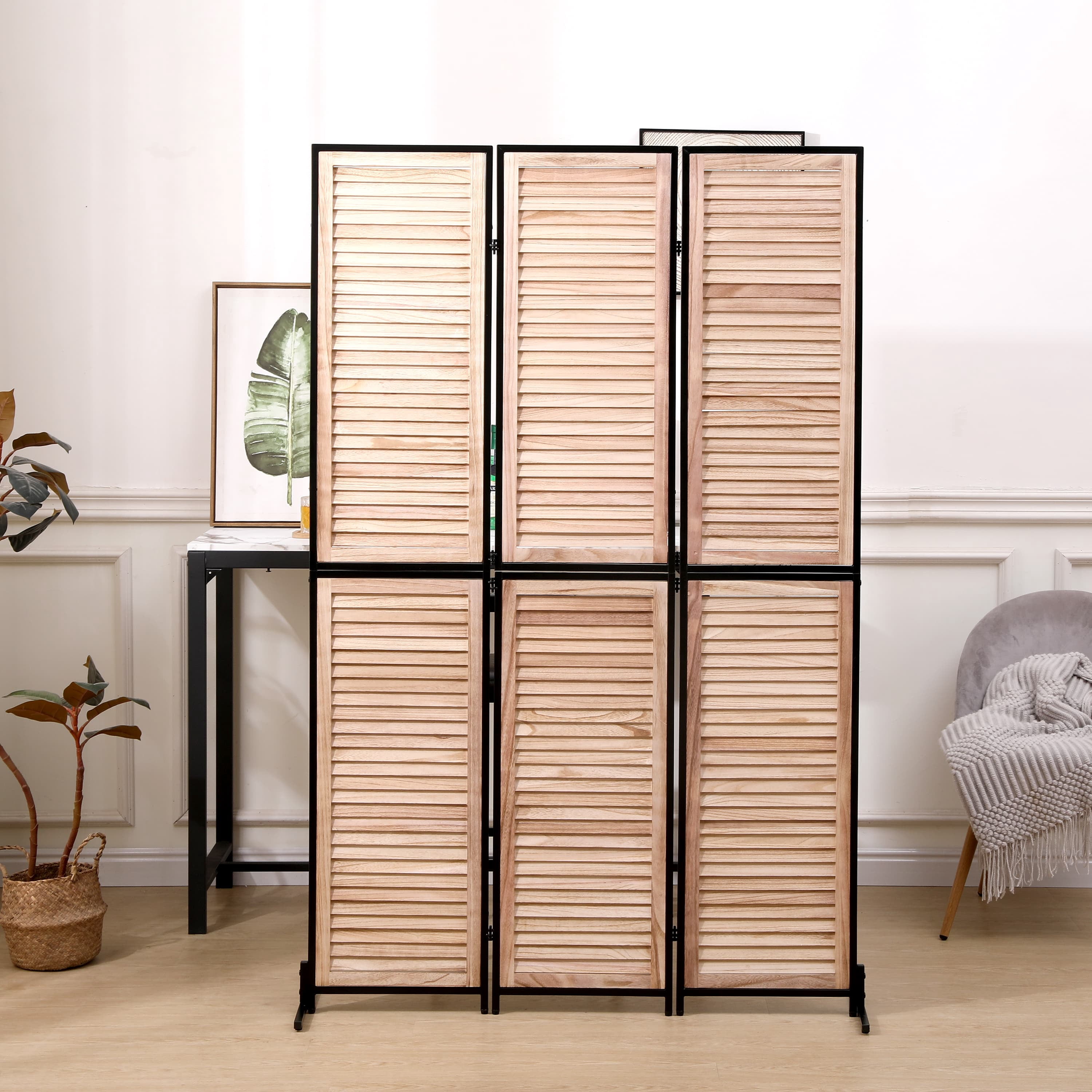 MAYEERTY 3 Panel Room Divider 6Ft Wood Folding Privacy Screen Brown Free Standing Wall Separator Room Divider