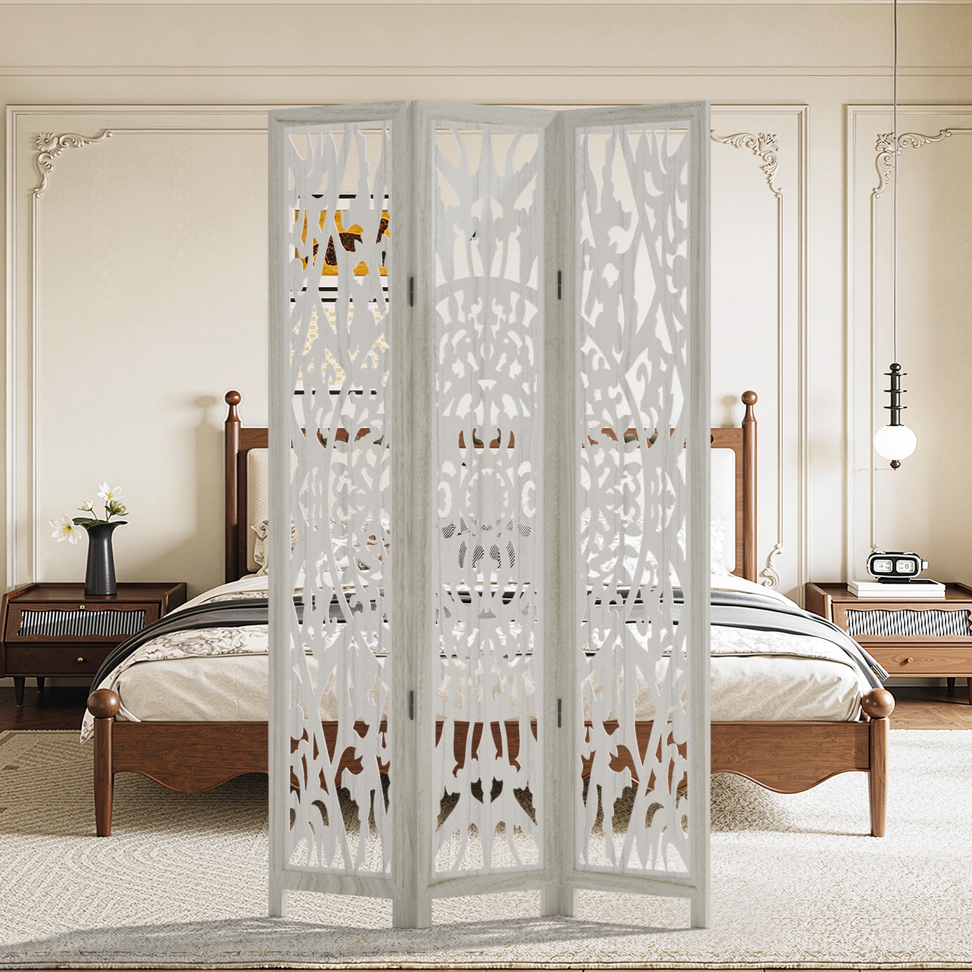 MAYEERTY 3-Piece 67×16" White Wood Privacy Panel Screen for Living Room, Carved Pattern