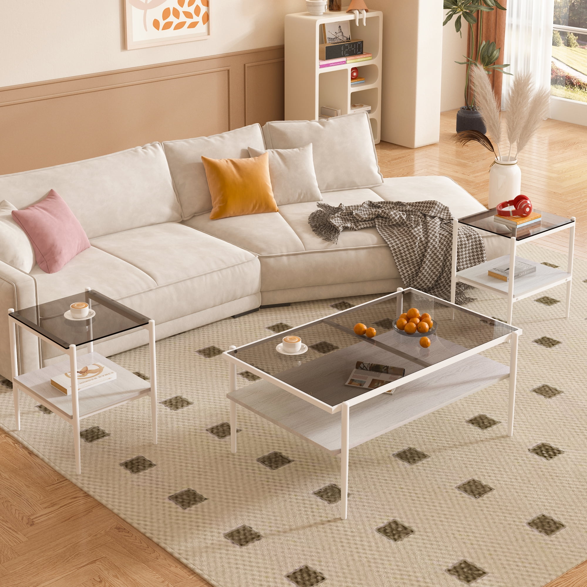 MAYEERTY 3-Piece Coffee Table & End Table Set – Gray Tempered Glass & MDF Layer