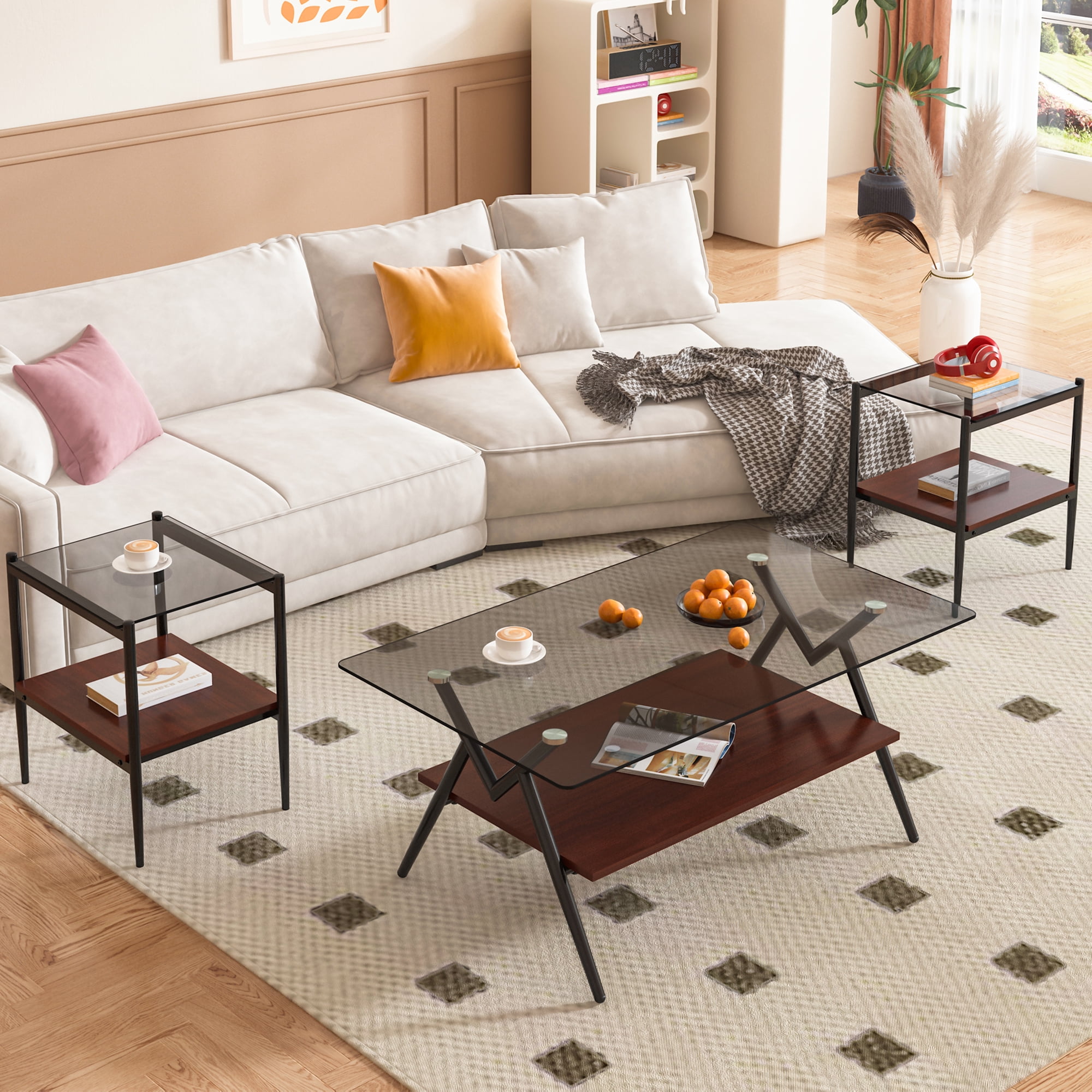 MAYEERTY 3-Piece Coffee Table & End Table Set – Gray Tempered Glass & MDF Layer