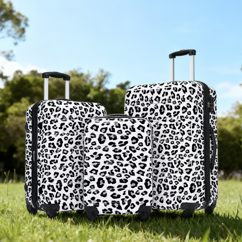 MAYEERTY 3-Piece Lightweight PC Luggage Set - Leopard Print Expandable Hardshell Suitcase with TSA Lock & Spinner Wheels, Black