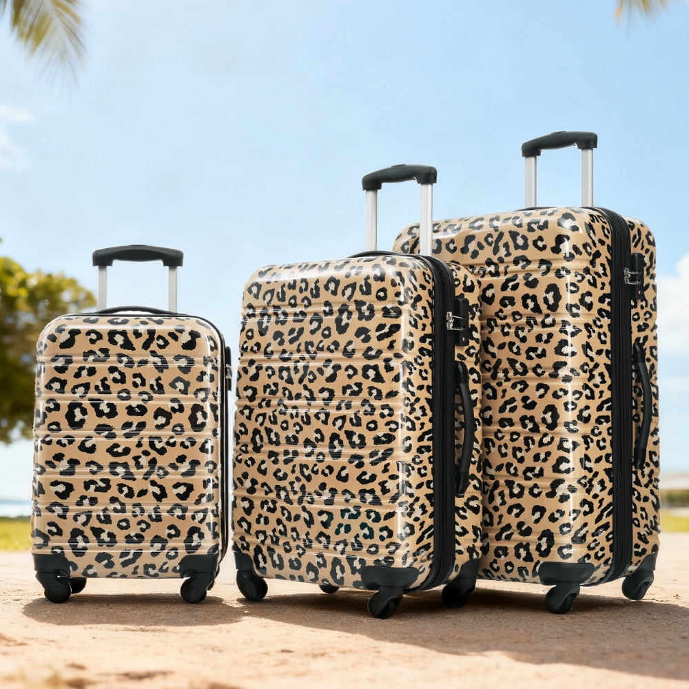 MAYEERTY 3-Piece Lightweight PC Luggage Set - Leopard Print Expandable Hardshell Suitcase with TSA Lock & Spinner Wheels, Brown