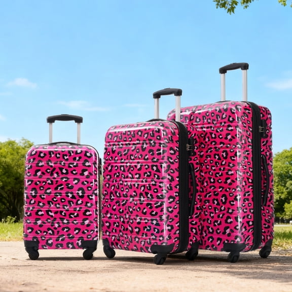 MAYEERTY 3-Piece Lightweight PC Luggage Set - Leopard Print Expandable Hardshell Suitcase with TSA Lock & Spinner Wheels, Pink Purple