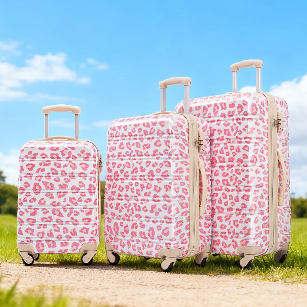 MAYEERTY 3-Piece Lightweight PC Luggage Set - Leopard Print Expandable Hardshell Suitcase with TSA Lock & Spinner Wheels, Pink
