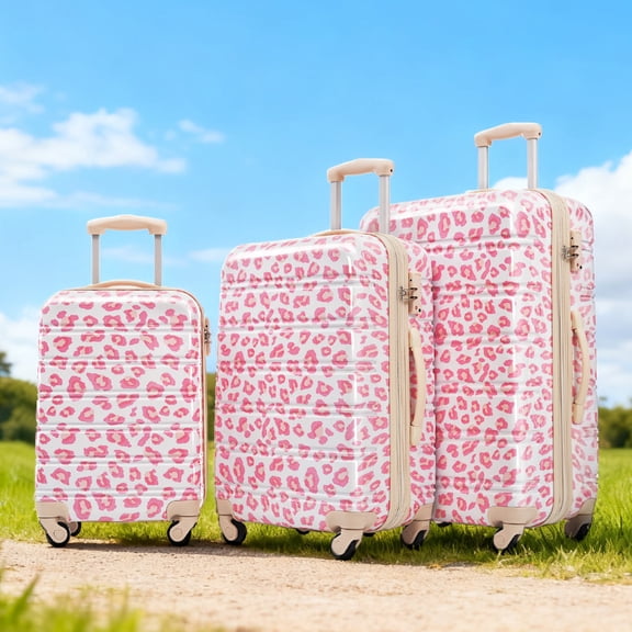 MAYEERTY 3-Piece Lightweight PC Luggage Set - Leopard Print Expandable Hardshell Suitcase with TSA Lock & Spinner Wheels, Pink
