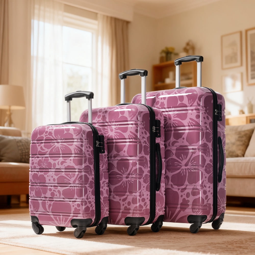 MAYEERTY 3-Piece Lightweight PC Luggage Set - Printed Hardshell with Scratch Protection, TSA Lock & Spinner Wheels, Pink Purple