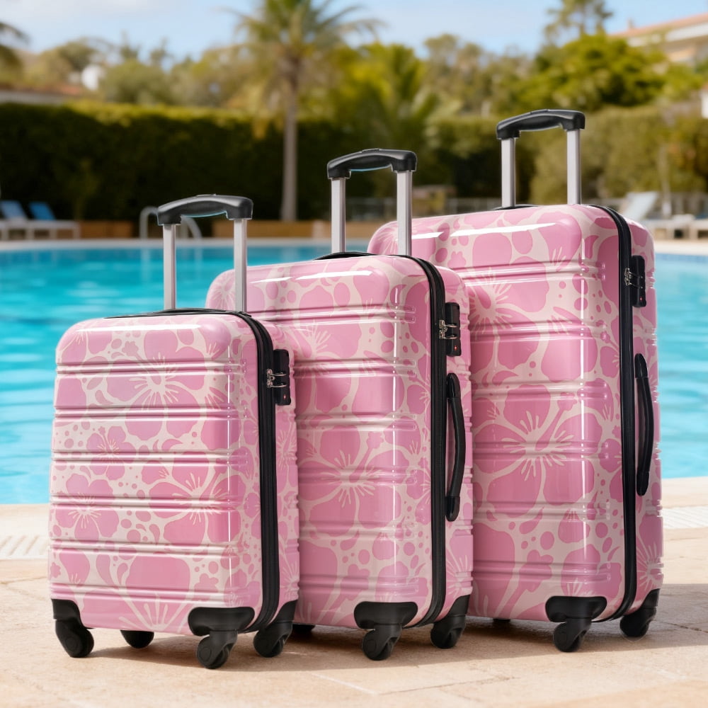 MAYEERTY 3-Piece Lightweight PC Luggage Set - Printed Hardshell with Scratch Protection, TSA Lock & Spinner Wheels, Pink