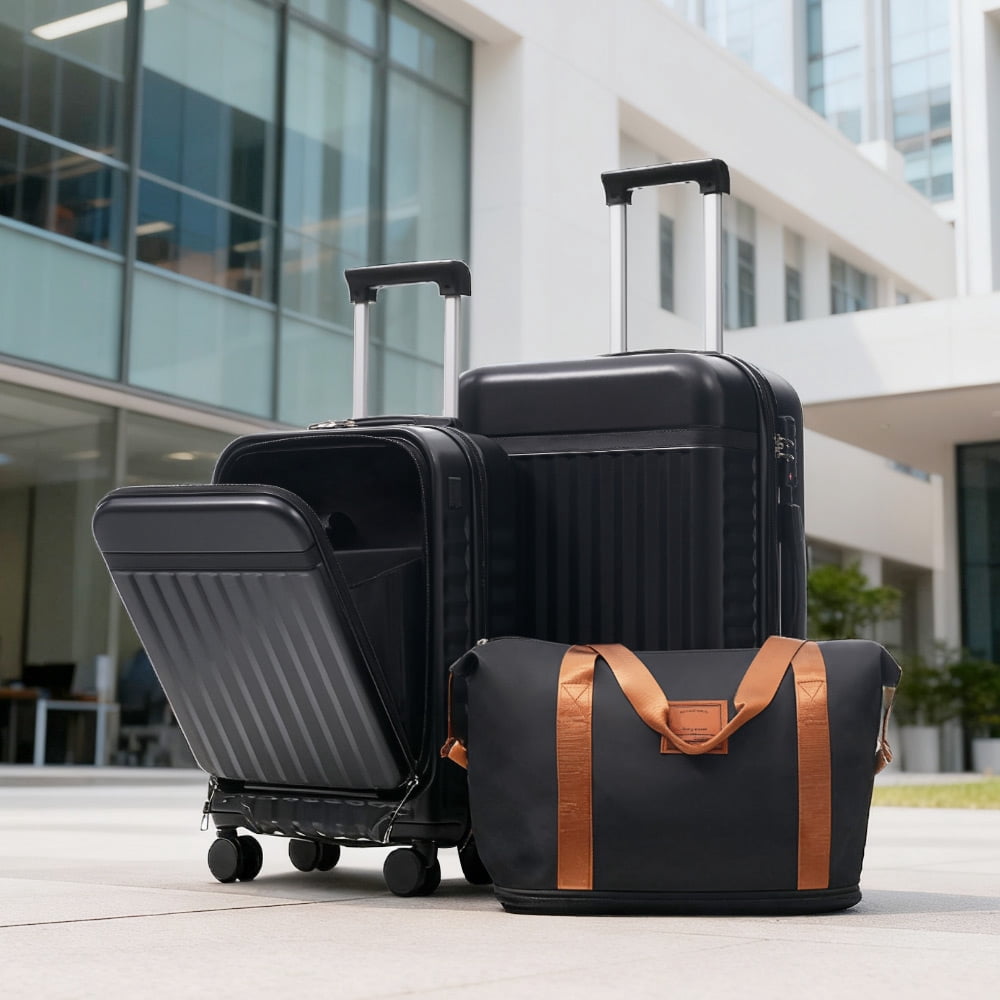 MAYEERTY 3-Piece Luggage Set: Front Opening 20" with USB Port+ Expandable 24" Hardside Suitcase + Tote Bag, Black