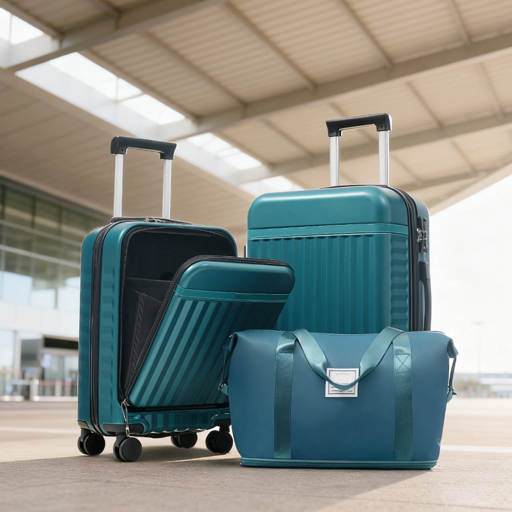 MAYEERTY 3-Piece Luggage Set: Front Opening 20" with USB Port+ Expandable 24" Hardside Suitcase + Tote Bag, Dark Green