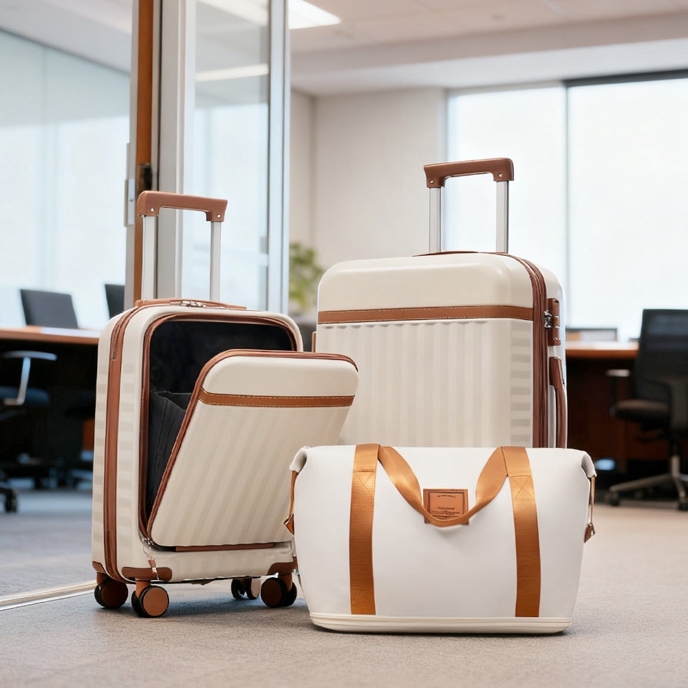 MAYEERTY 3-Piece Luggage Set: Front Opening 20" with USB Port+ Expandable 24" Hardside Suitcase + Tote Bag, Khaki