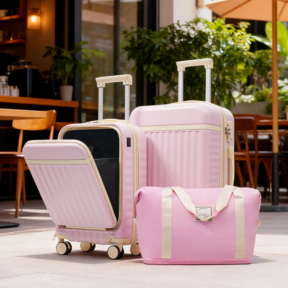 MAYEERTY 3-Piece Luggage Set: Front Opening 20" with USB Port+ Expandable 24" Hardside Suitcase + Tote Bag, Pink