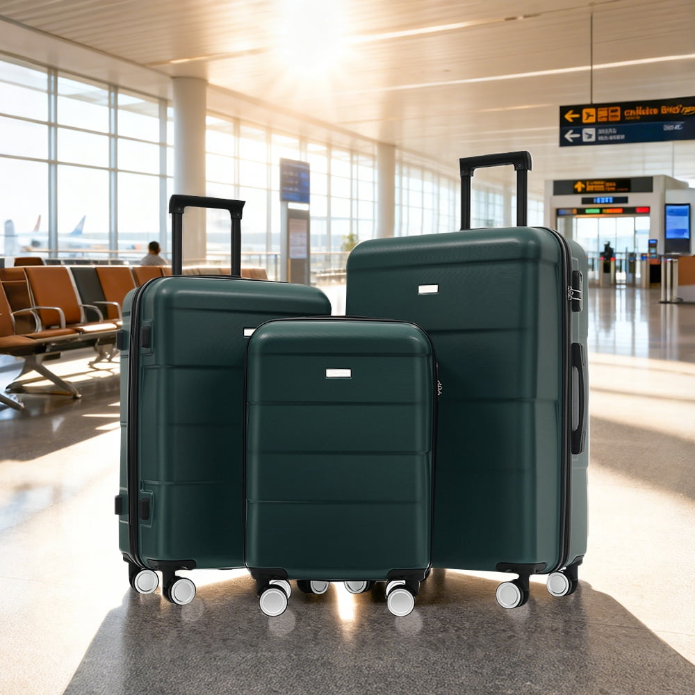 MAYEERTY 3-Piece Minimalist Hardside Luggage Set - Lightweight ABS Suitcase with Double Spinner Wheels & Combination Lock, Green