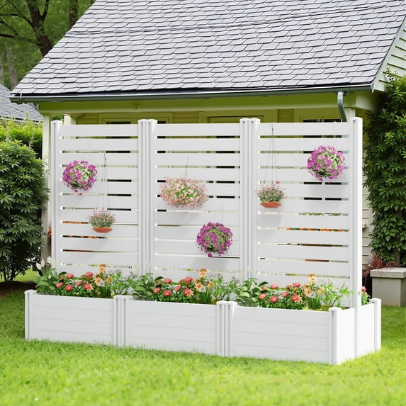 MAYEERTY 3-Piece Outdoor White PVC Rectangular Planter Box with Trellis for Climbing Plants, Raised Garden Bed