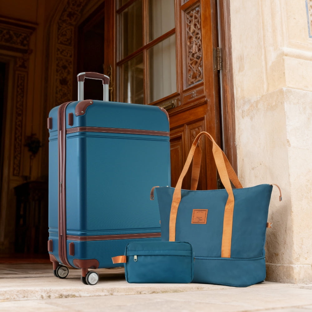 MAYEERTY 3-Piece Vintage Luggage Set - 24" Expandable Hardshell + Duffel Bag + Toiletry Bag with TSA Lock & Spinner Wheels, Blue