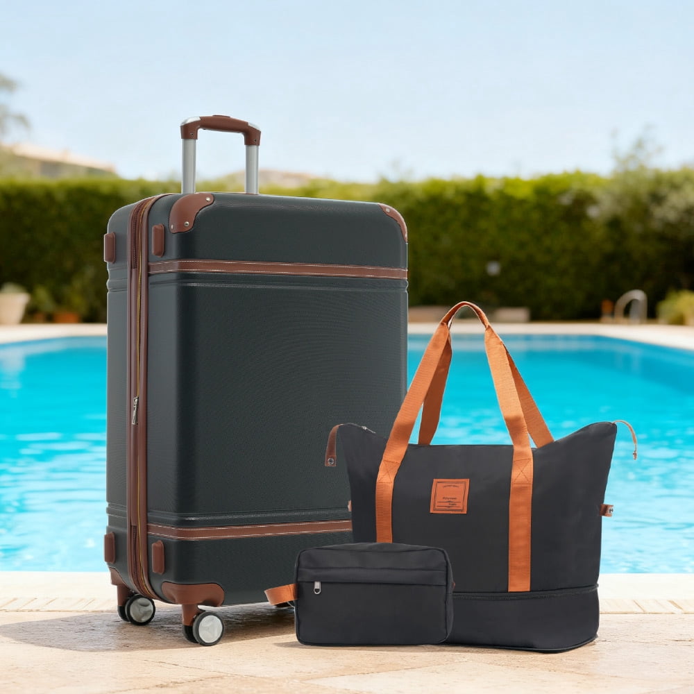 MAYEERTY 3-Piece Vintage Luggage Set - 28" Expandable Hardshell + Duffel Bag + Toiletry Bag with TSA Lock & Spinner Wheels, Black