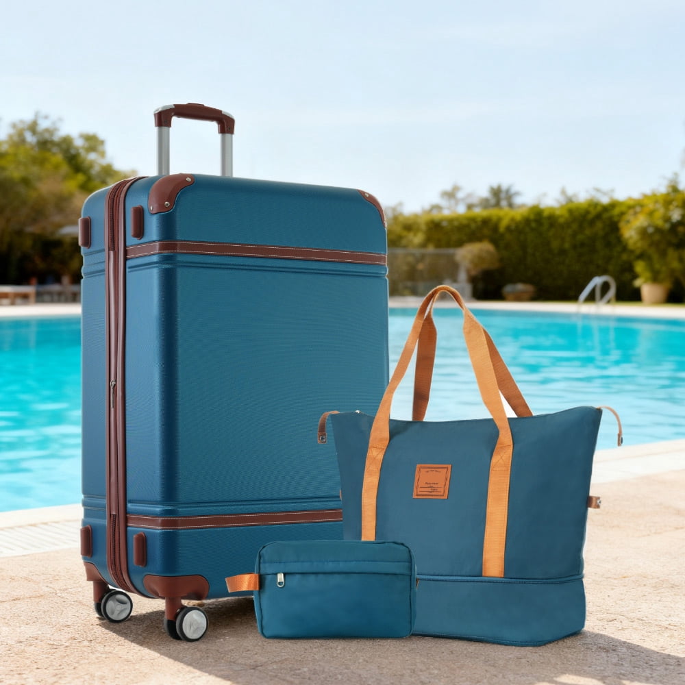MAYEERTY 3-Piece Vintage Luggage Set - 28" Expandable Hardshell + Duffel Bag + Toiletry Bag with TSA Lock & Spinner Wheels, Blue
