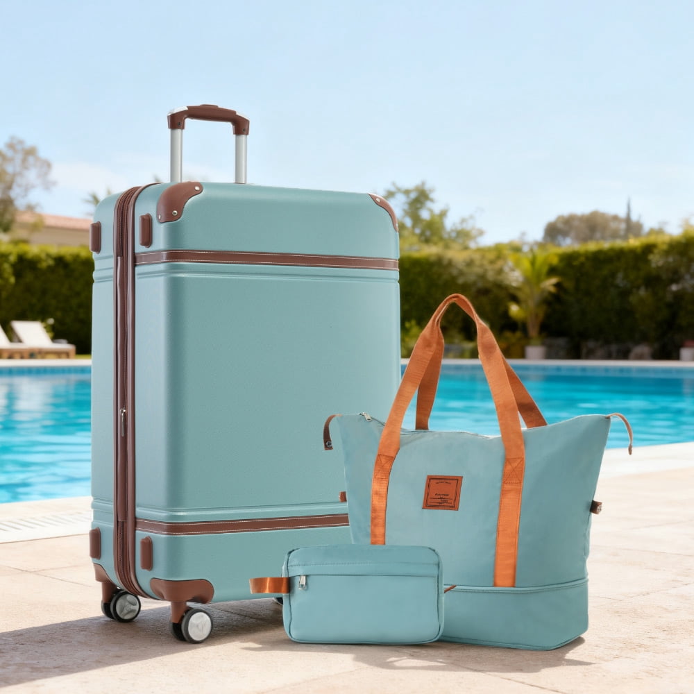 MAYEERTY 3-Piece Vintage Luggage Set - 28" Expandable Hardshell + Duffel Bag + Toiletry Bag with TSA Lock & Spinner Wheels, Green