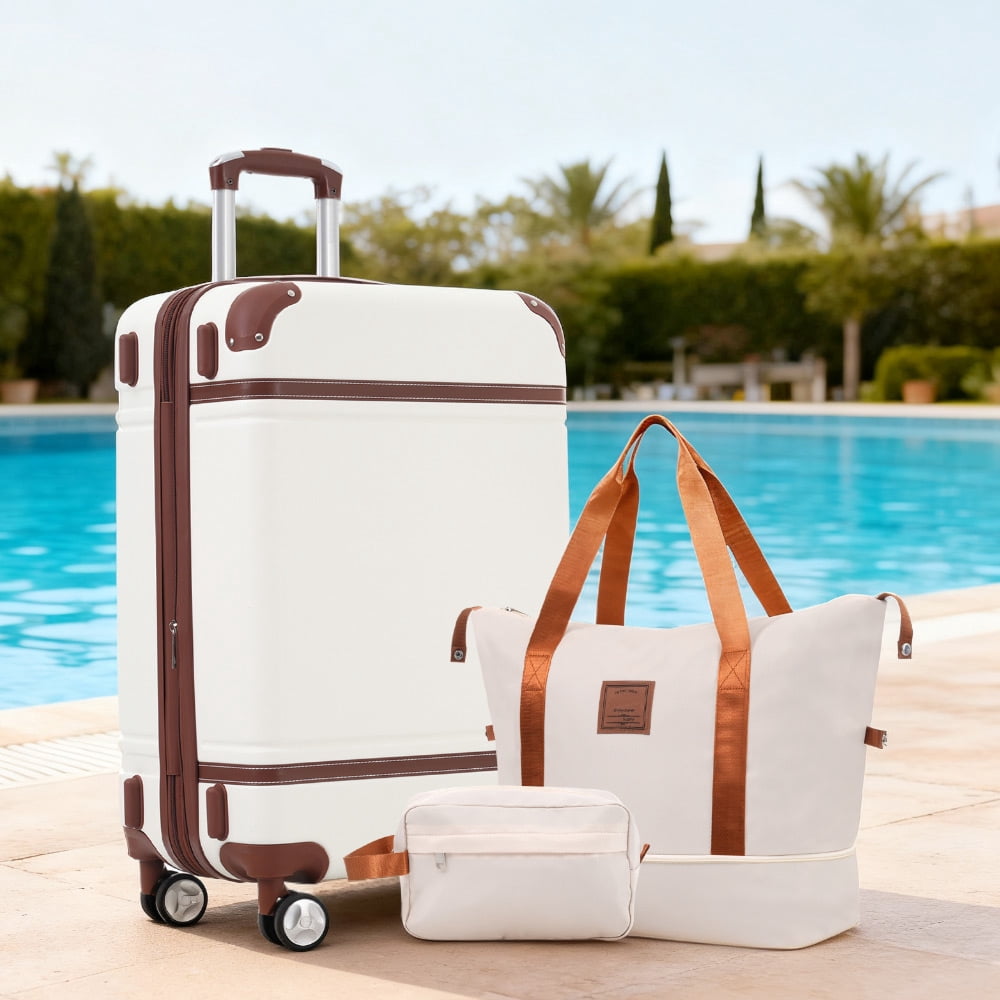 MAYEERTY 3-Piece Vintage Luggage Set - 28" Expandable Hardshell + Duffel Bag + Toiletry Bag with TSA Lock & Spinner Wheels, White