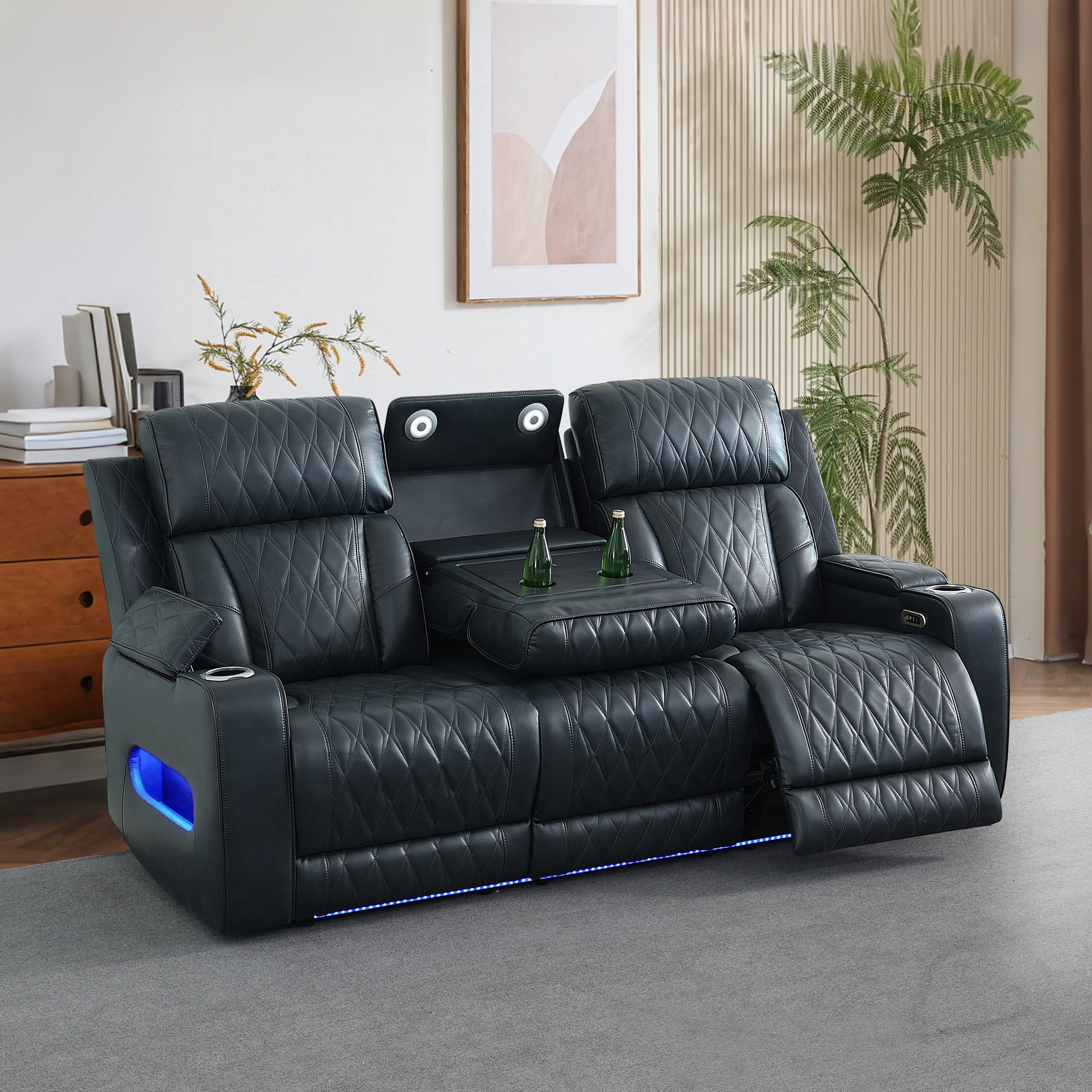 MAYEERTY 3-Seat Intelligent Recliner Sofa with Breathable Leather, Flipping Tea-Cup Holder & LED Light for Living Room