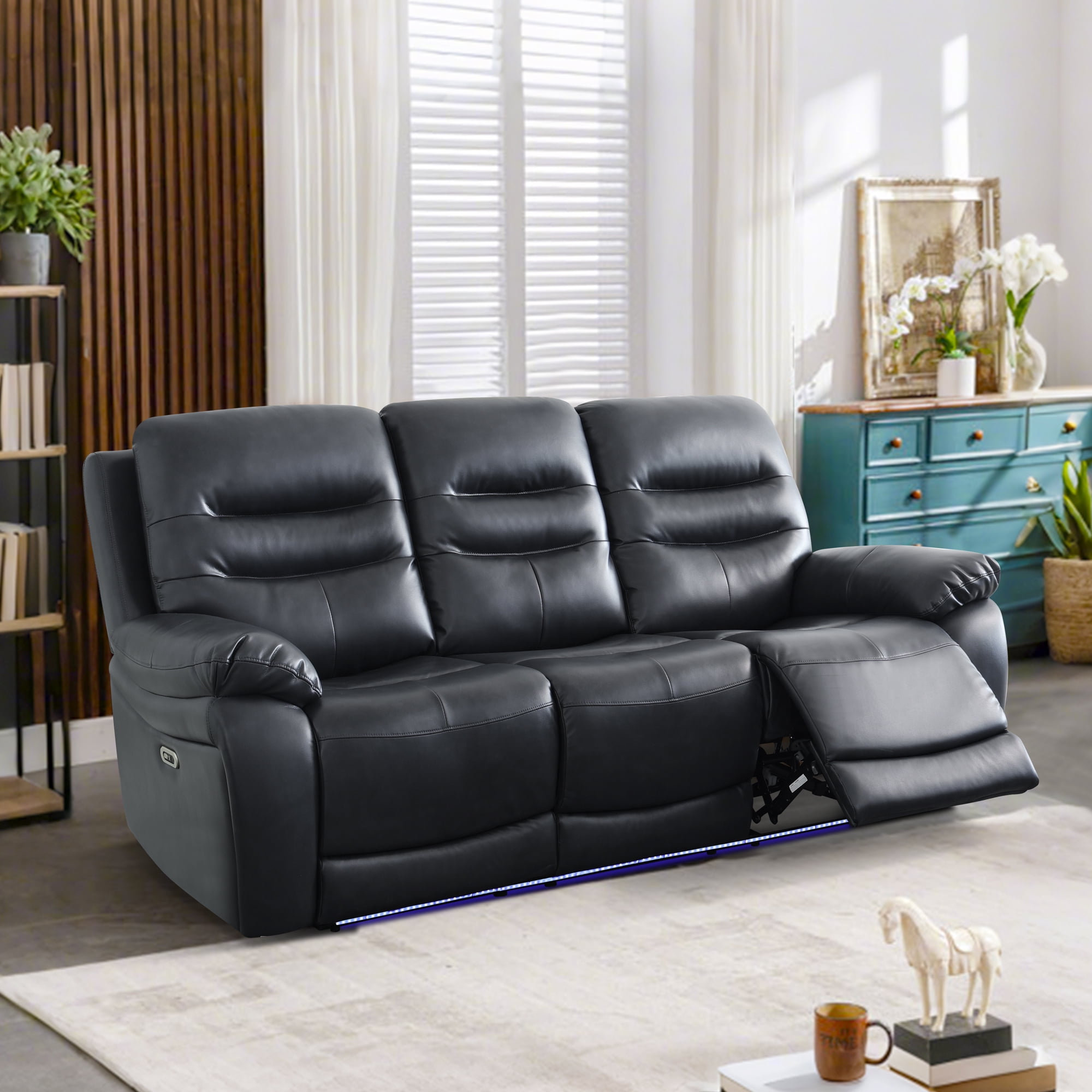 MAYEERTY 3-Seat Intelligent Recliner Sofa with Breathable Leather, LED Light & USB Charging for Family Living Room