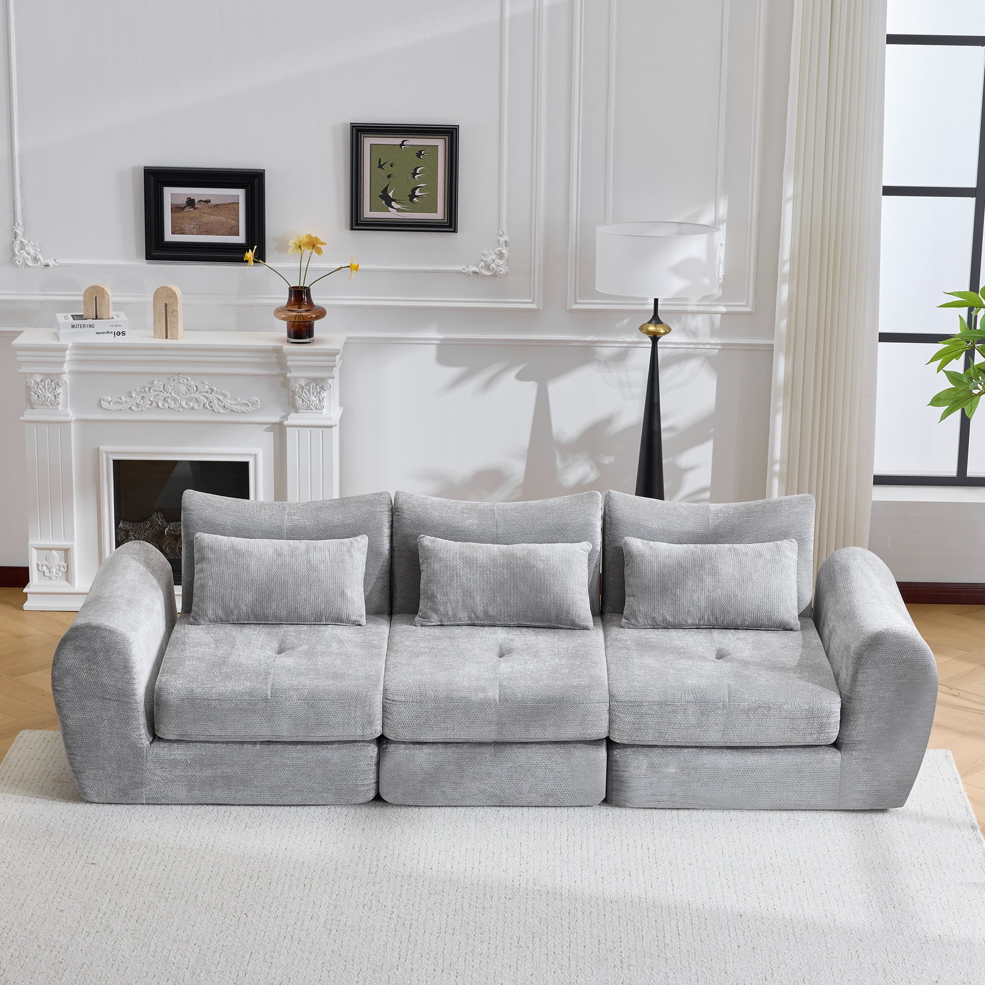 MAYEERTY 3-Seat Modular Cloud Sectional Sofa, Flannelette Upholstered Convertible Couch with Throw Pillows, No Assembly for Living Room Bedroom Entertainment Space