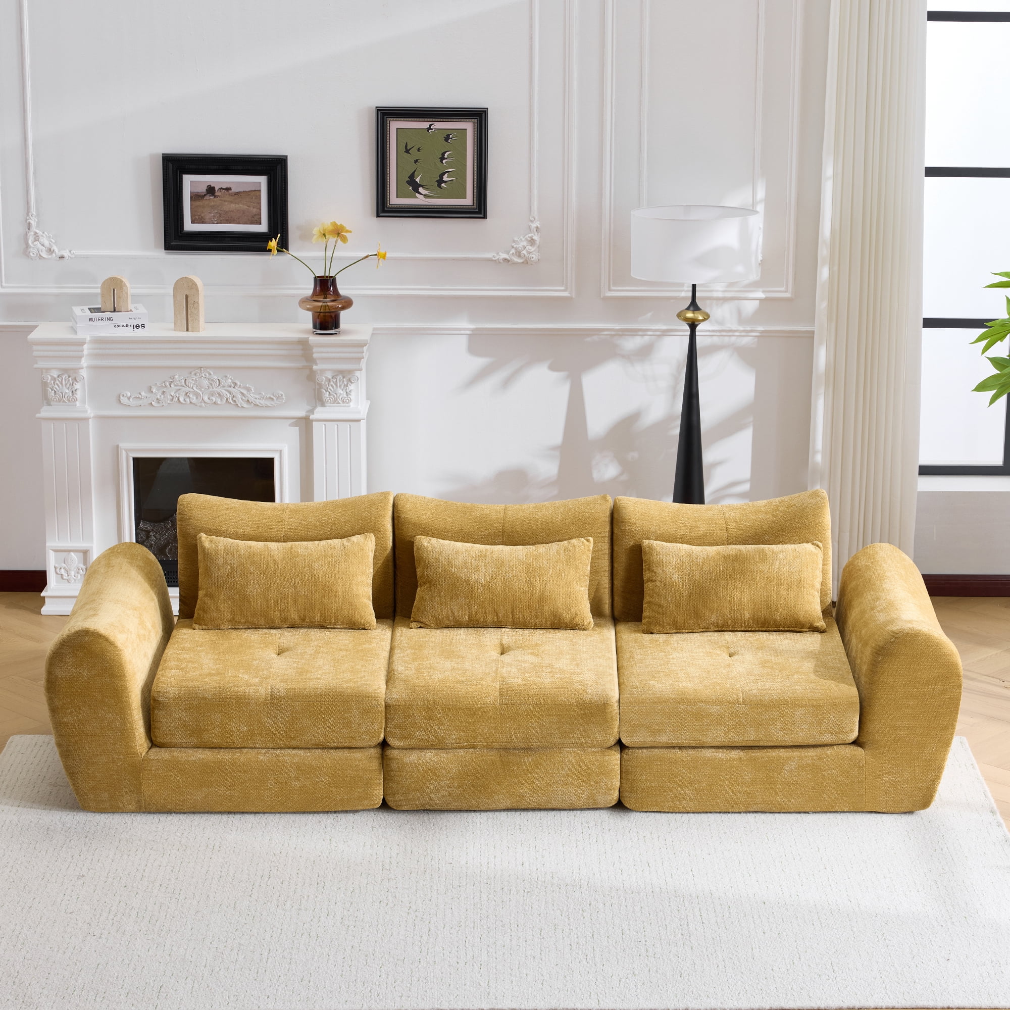 MAYEERTY 3-Seat Modular Cloud Sectional Sofa, Flannelette Upholstered Convertible Couch with Throw Pillows, No Assembly for Living Room Bedroom Entertainment Space