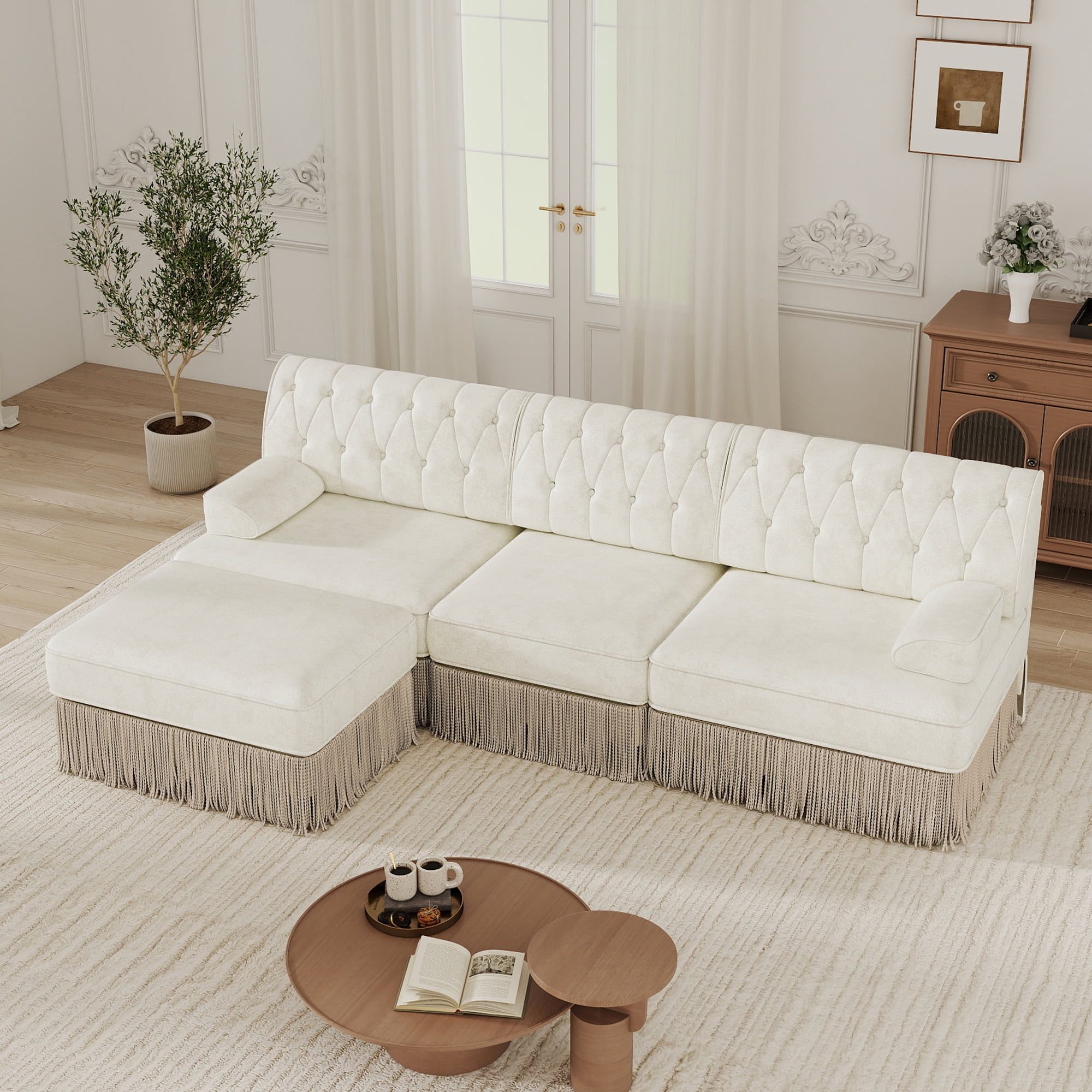 MAYEERTY 3-Seater Chesterfield Sectional Sofa, Cloud Button Tufted Modular Couch with Ottoman, Solid Wood Base for Living Room & Study Room