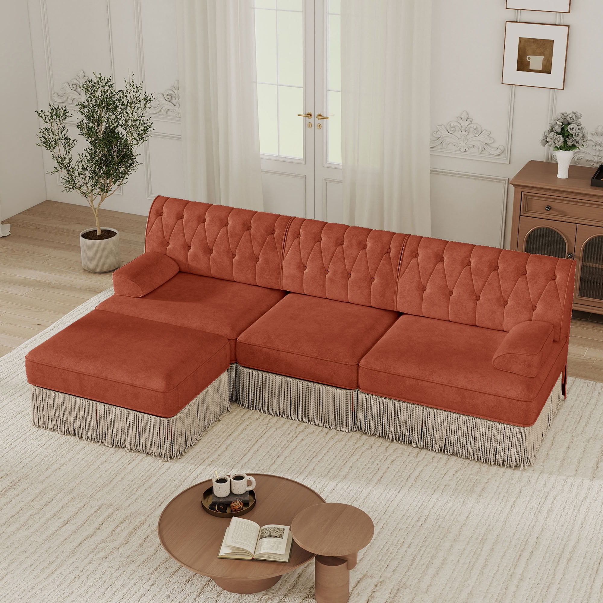 MAYEERTY 3-Seater Cloud Sectional Sofa, Chesterfield Modular Couch with Ottoman, Solid Wood Base for Living Room & Home Study