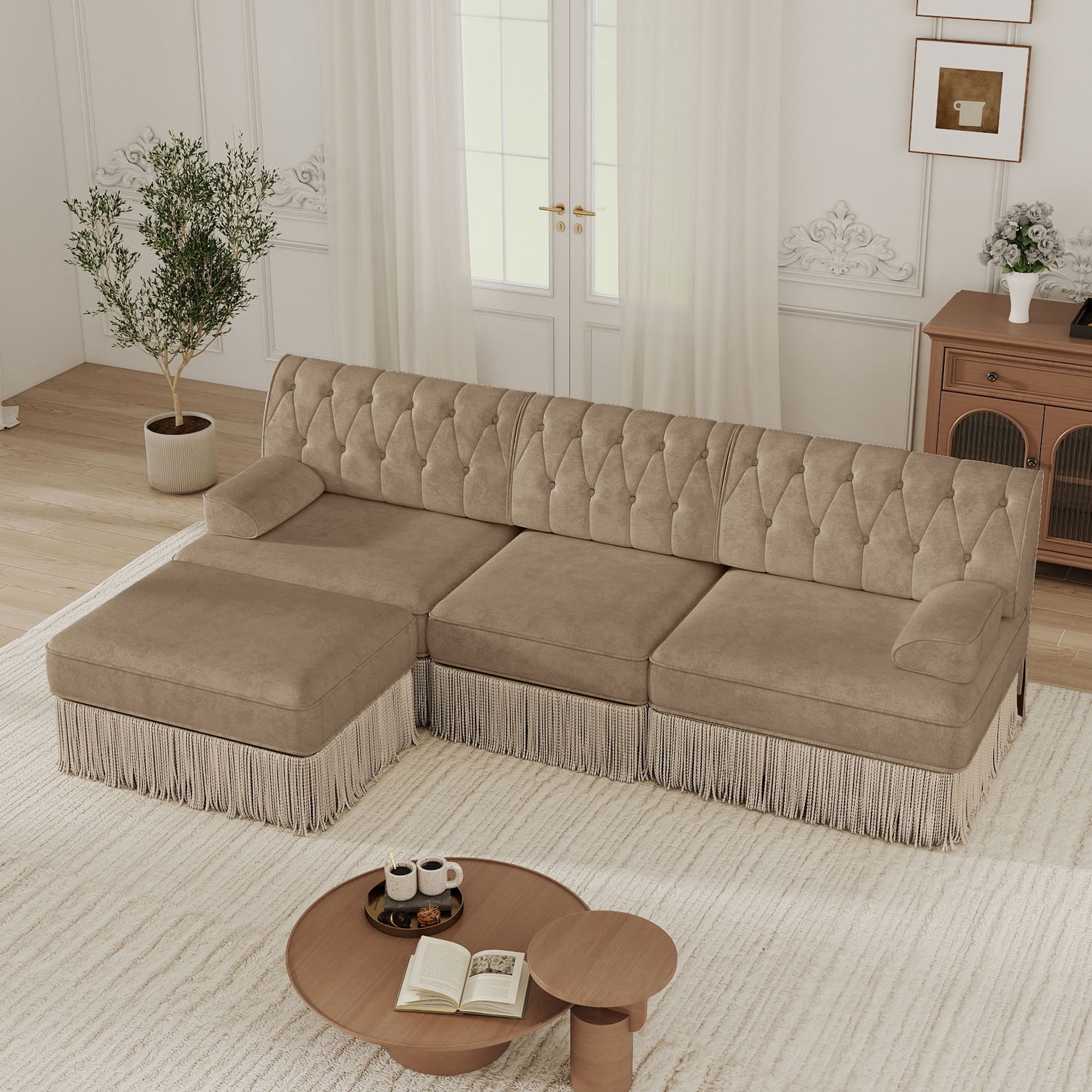 MAYEERTY 3-Seater Cloud Sectional Sofa, Chesterfield Modular Couch with Ottoman, Solid Wood Base for Living Room & Home Study