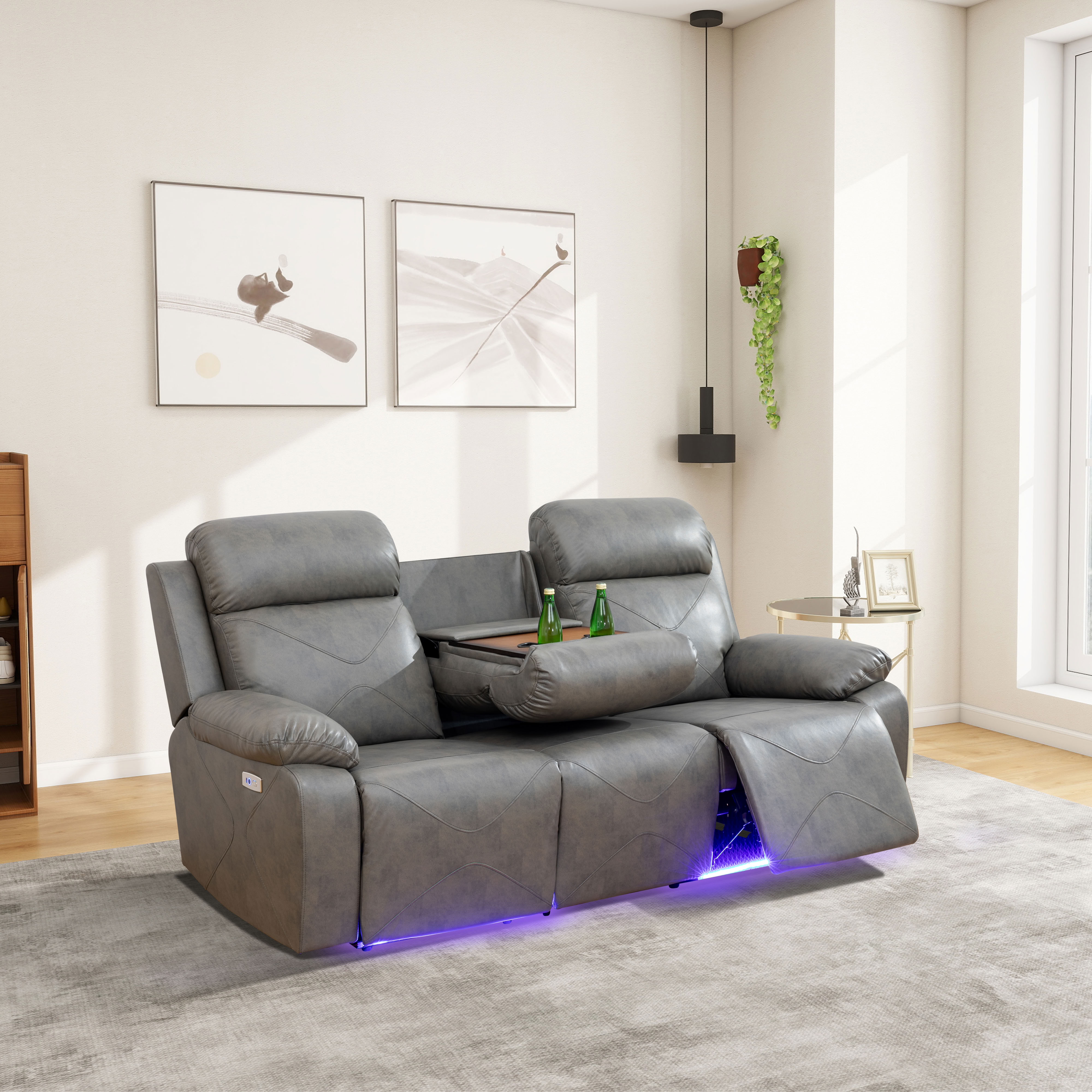 MAYEERTY 3-Seater Recliner Sofa, Breathable Leather Sofa with LED Lights & Reversible Coffee Table for Family Living Room & Home Theater