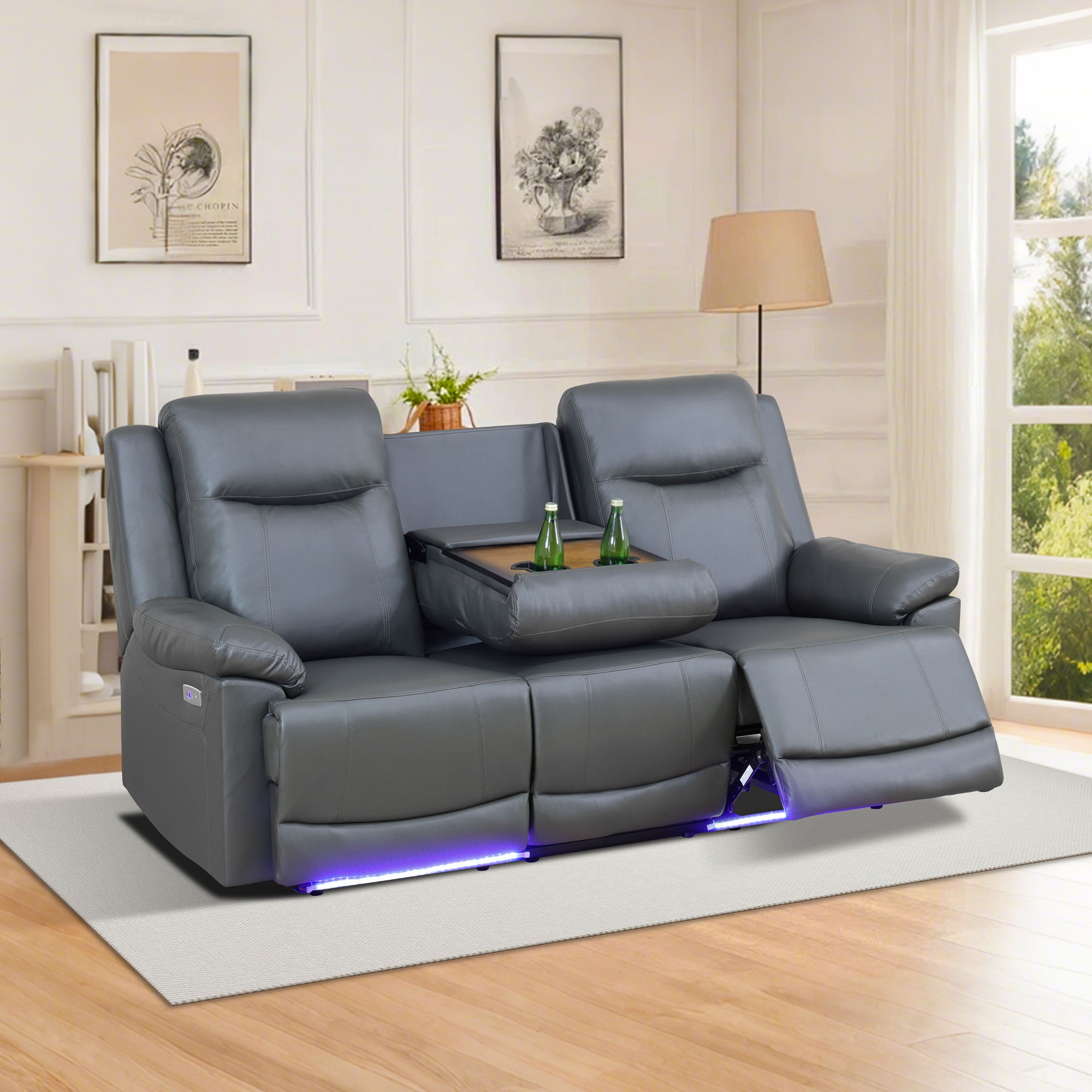 MAYEERTY 3-Seater Recliner Sofa, Breathable Leather Sofa with LED Lights & Reversible Coffee Table for Family Living Room & Home Theater