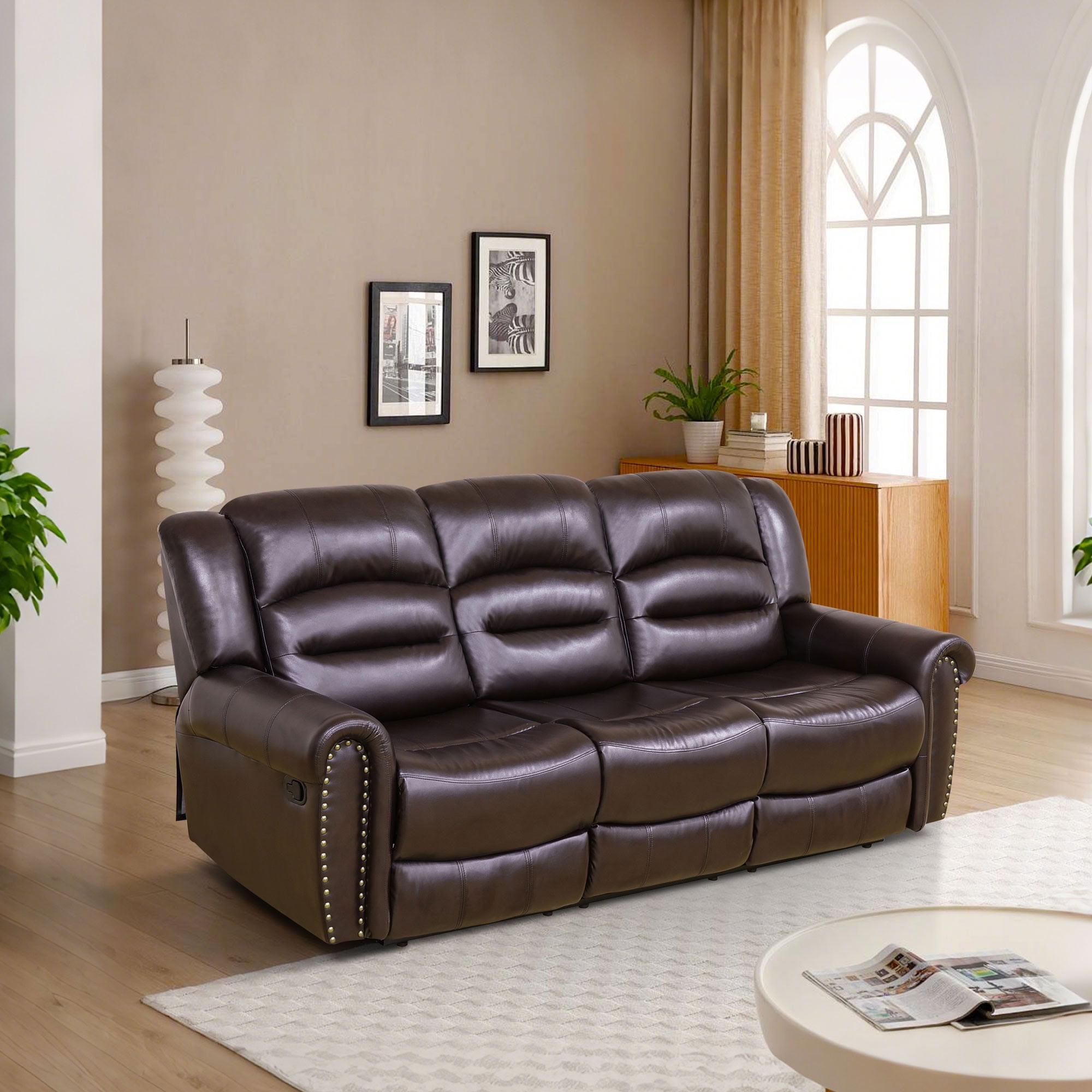 MAYEERTY 3-Seater Recliner Sofa, Breathable Leather Sofa with Reversible Coffee Table for Family Living Room & Home Theater Spaces