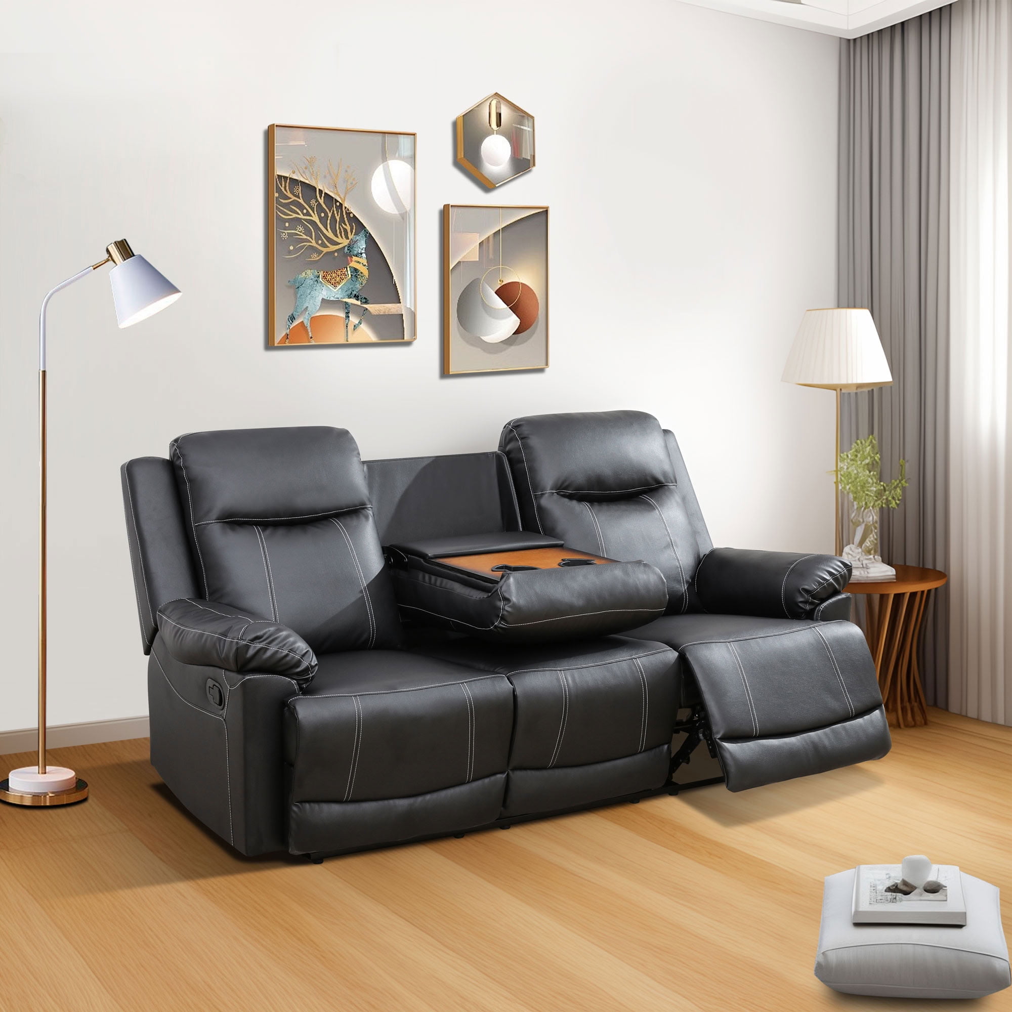 MAYEERTY 3-Seater Recliner Sofa, Breathable Semi PU Leather Recliner with Reversible Coffee Table for Family Living Room & Home Theater