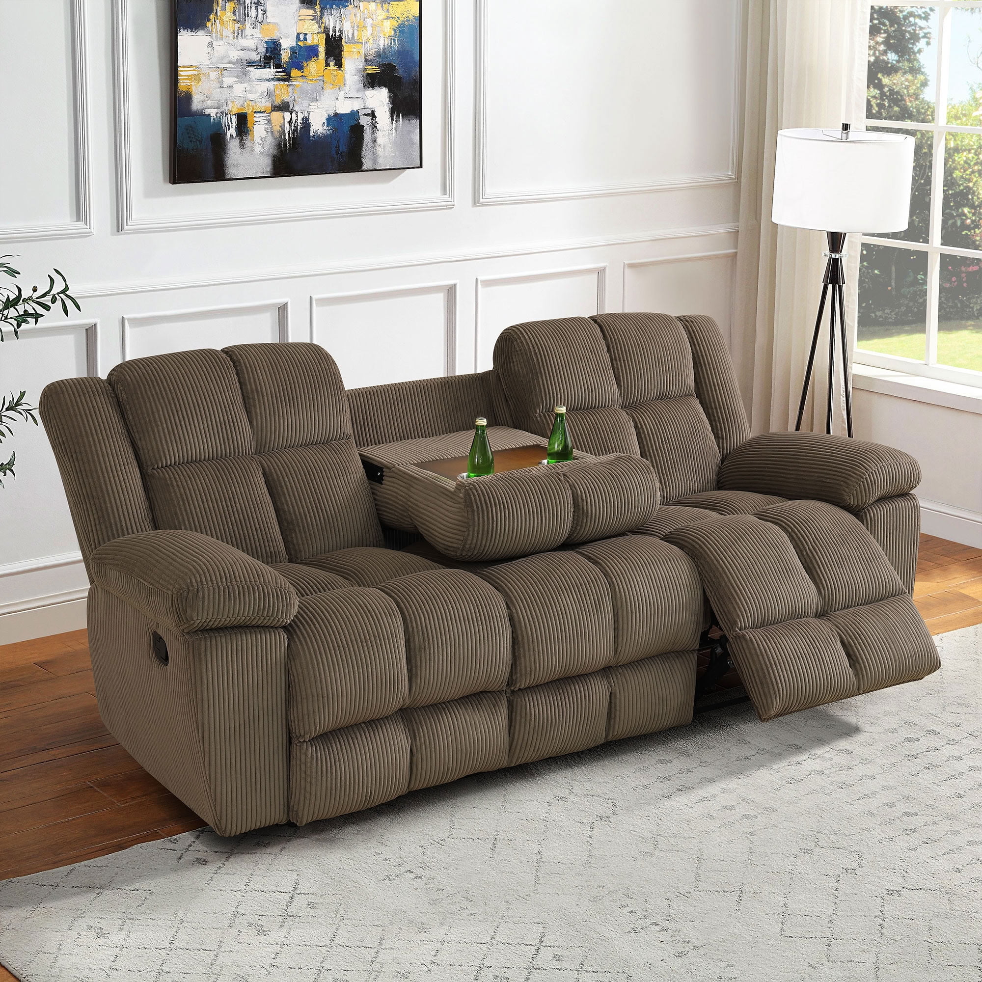 MAYEERTY 3-Seater Recliner Sofa, Brown Stripe Fabric Manual Reclining Sofa with Flip-Up Cup Holder Board for Living Room