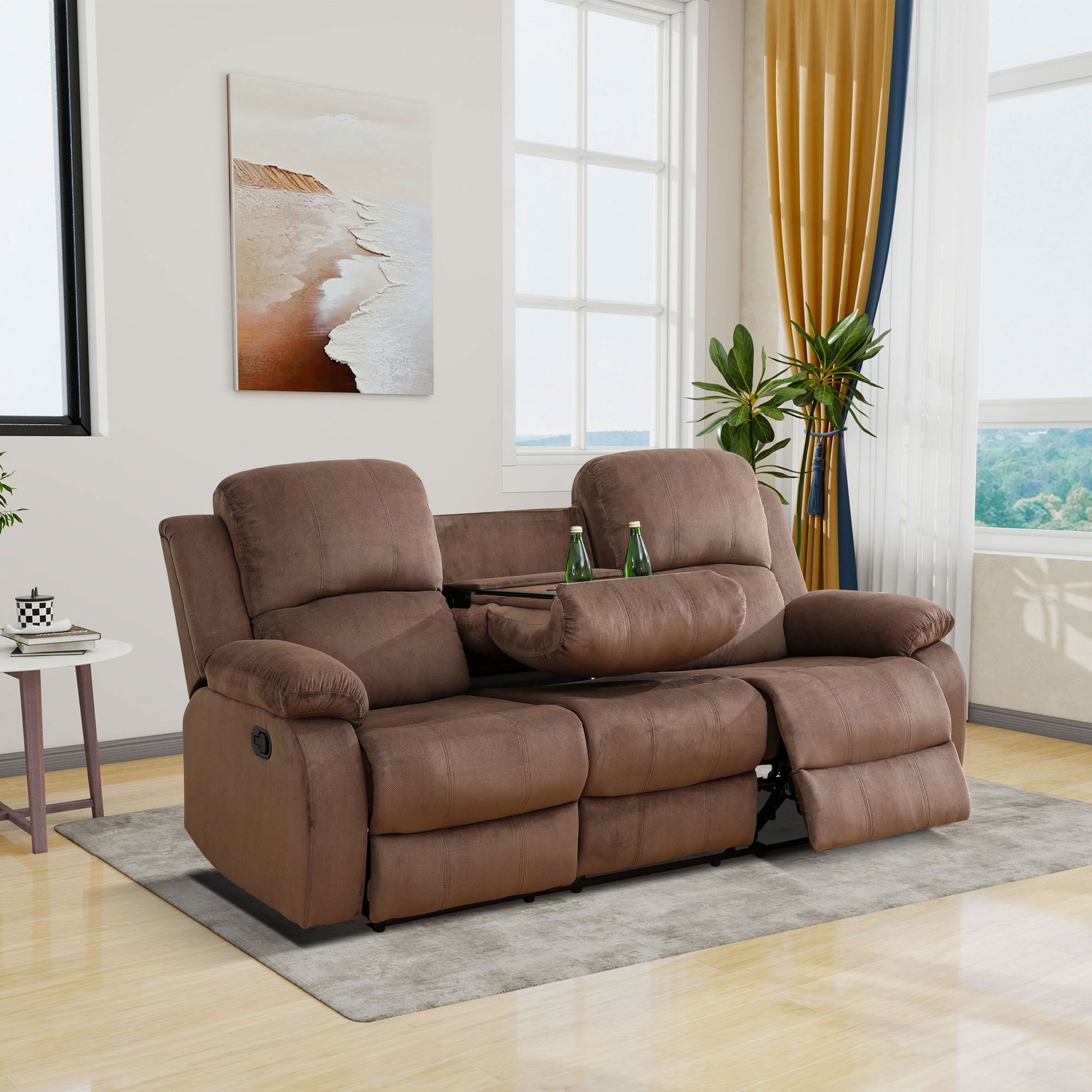 MAYEERTY 3-Seater Recliner Sofa, Non-Spinning Fabric with Reversible Coffee Table for Family Living Room