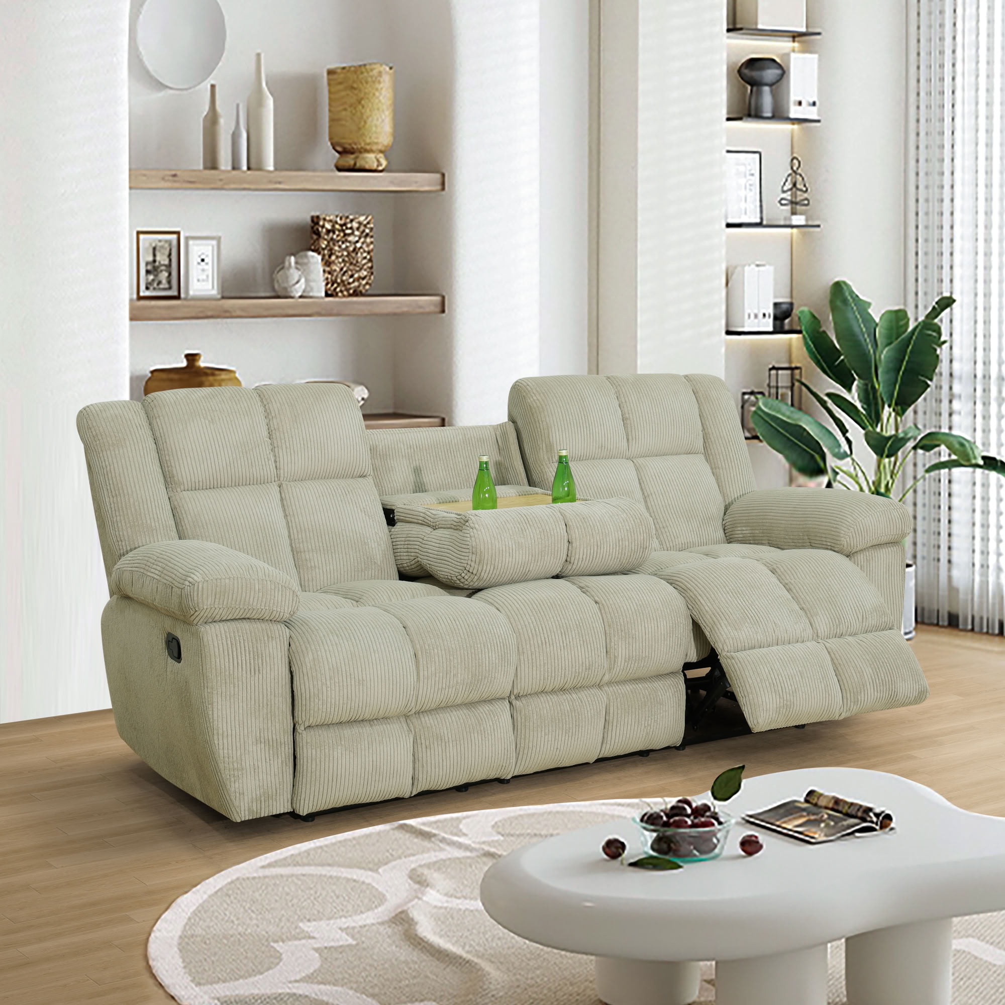 MAYEERTY 3-Seater Recliner Sofa, Off-White Stripe Fabric Manual Reclining Sofa with Flip-Up Cup Holder Board for Living Room