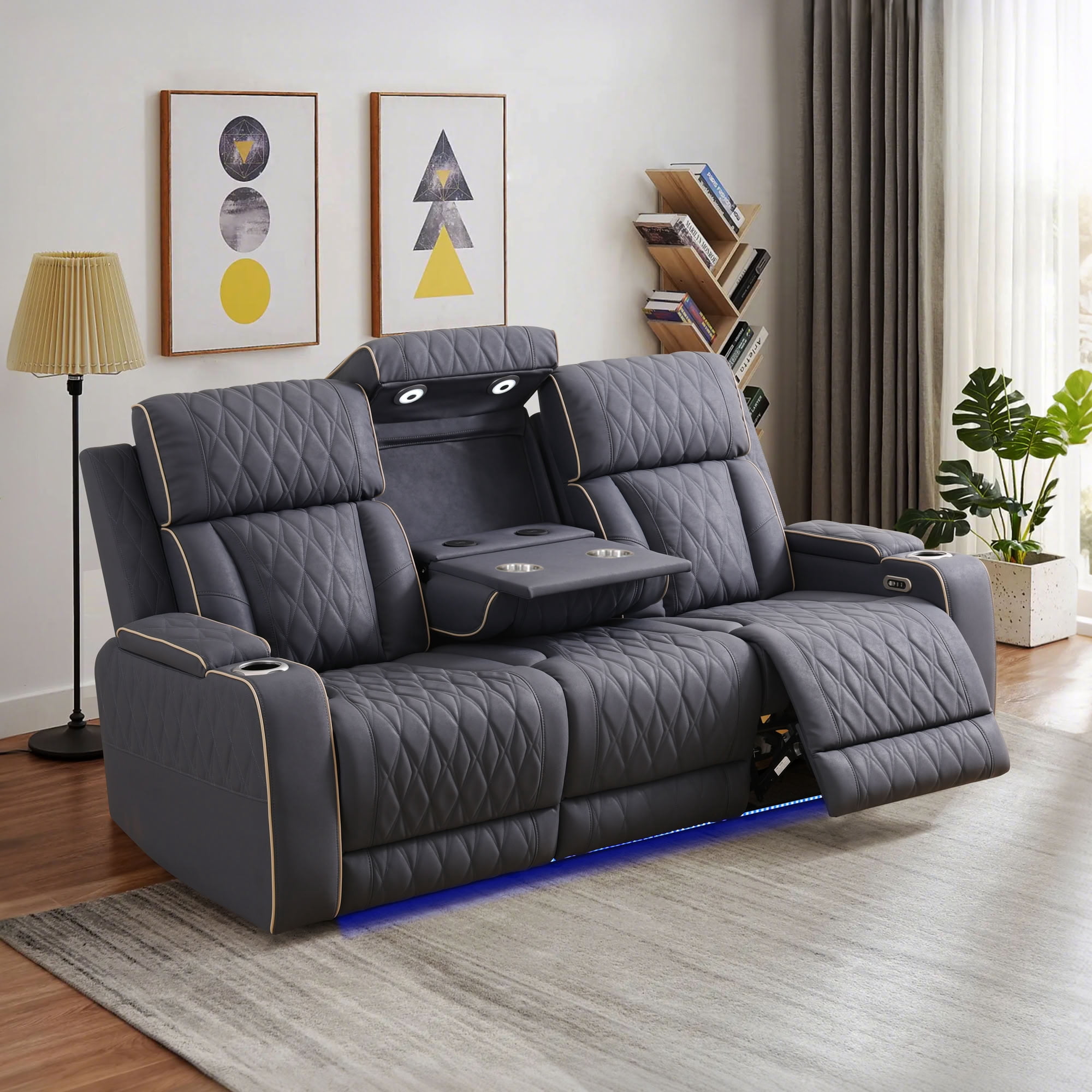 MAYEERTY 3-Seater Recliner Sofa, Sanded Leather Reclining Sofa with LED Lights, USB Charger, Cup Holders & Storage, for Living Room, Home Theater