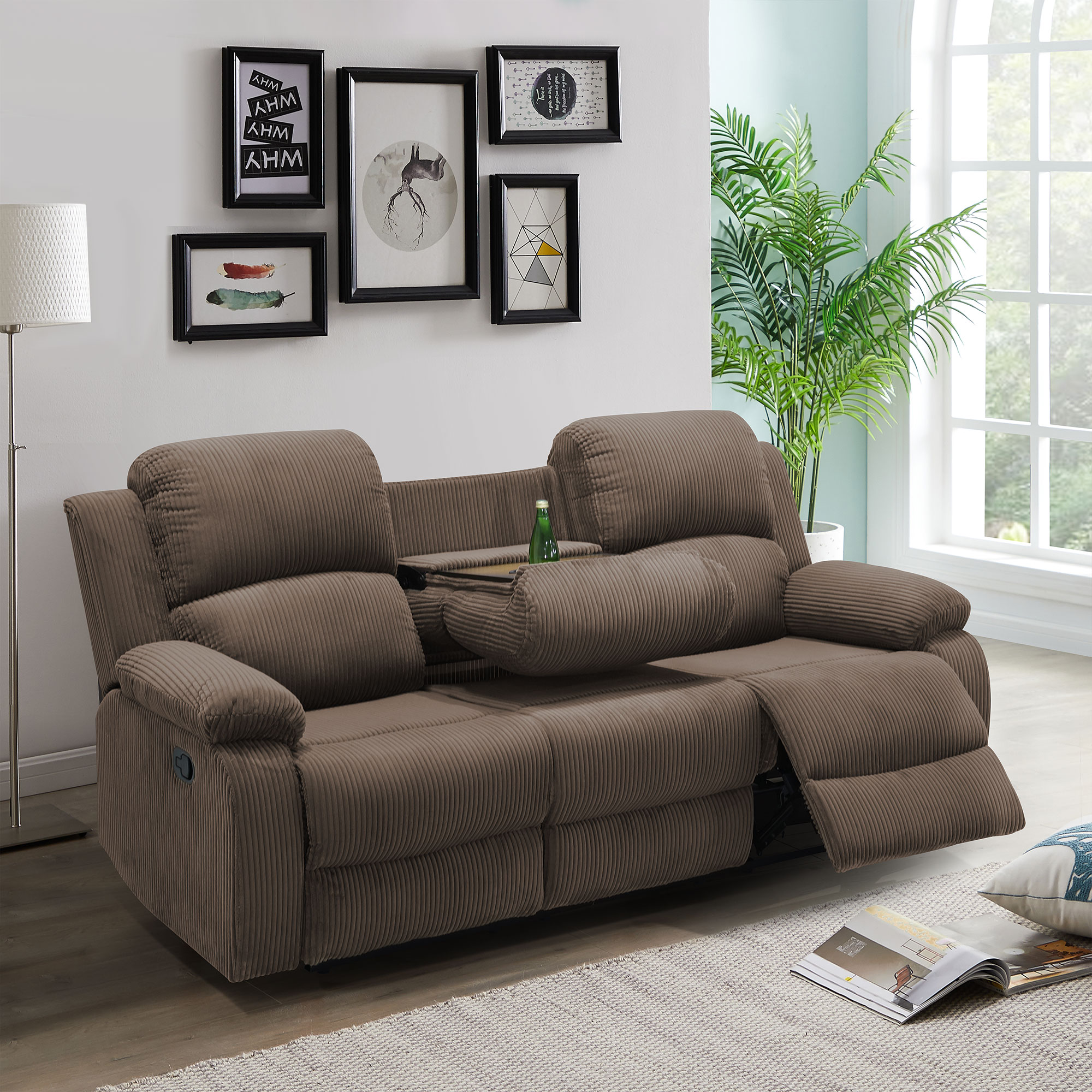 MAYEERTY 3-Seater Recliner Sofa, Thick Stuffed Fabric with Flipping Cup Holder for Family Living Rooms