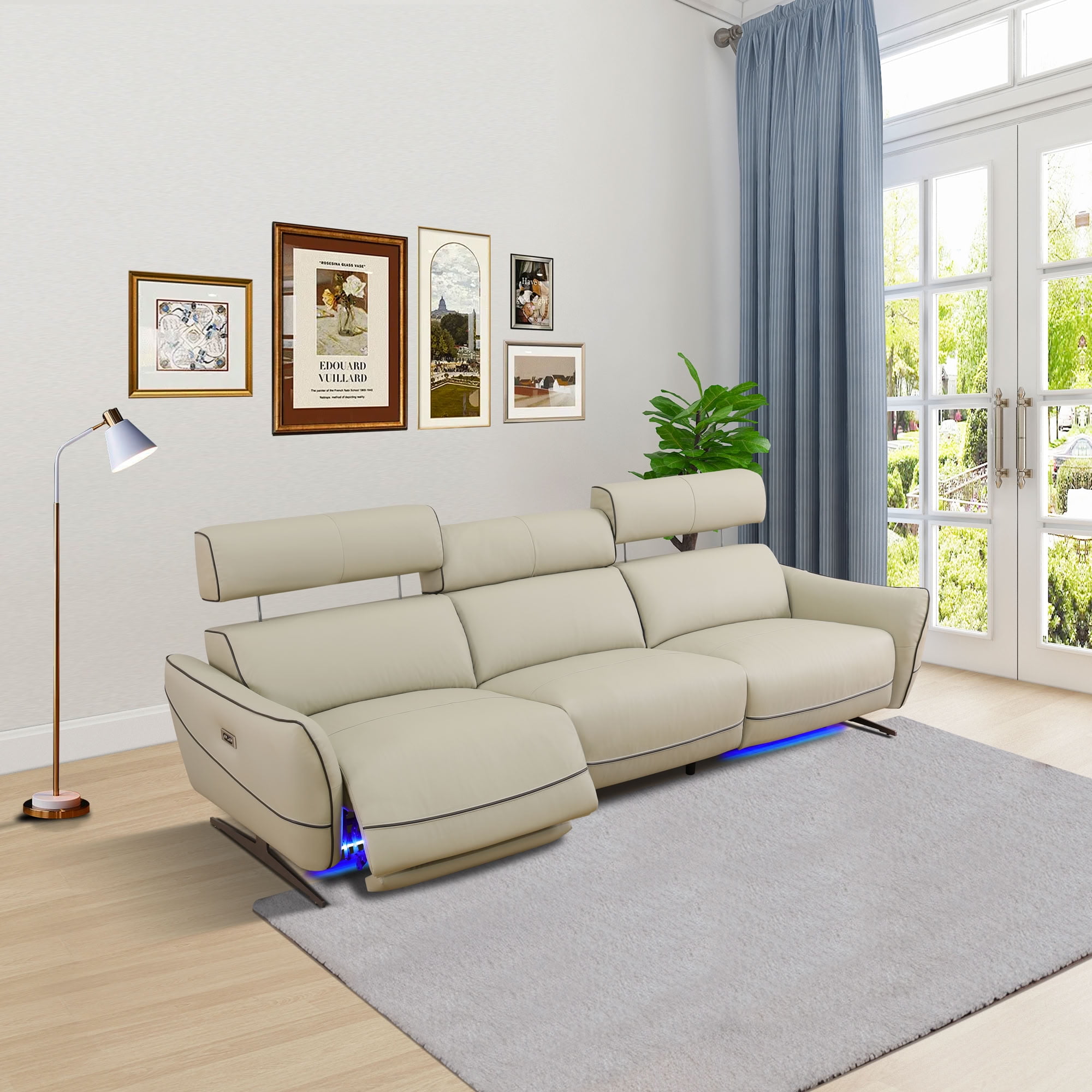 MAYEERTY 3-Seater Recliner Sofa, Top-Grain Leather with LED Lights & USB Charging for Apartment Living Room
