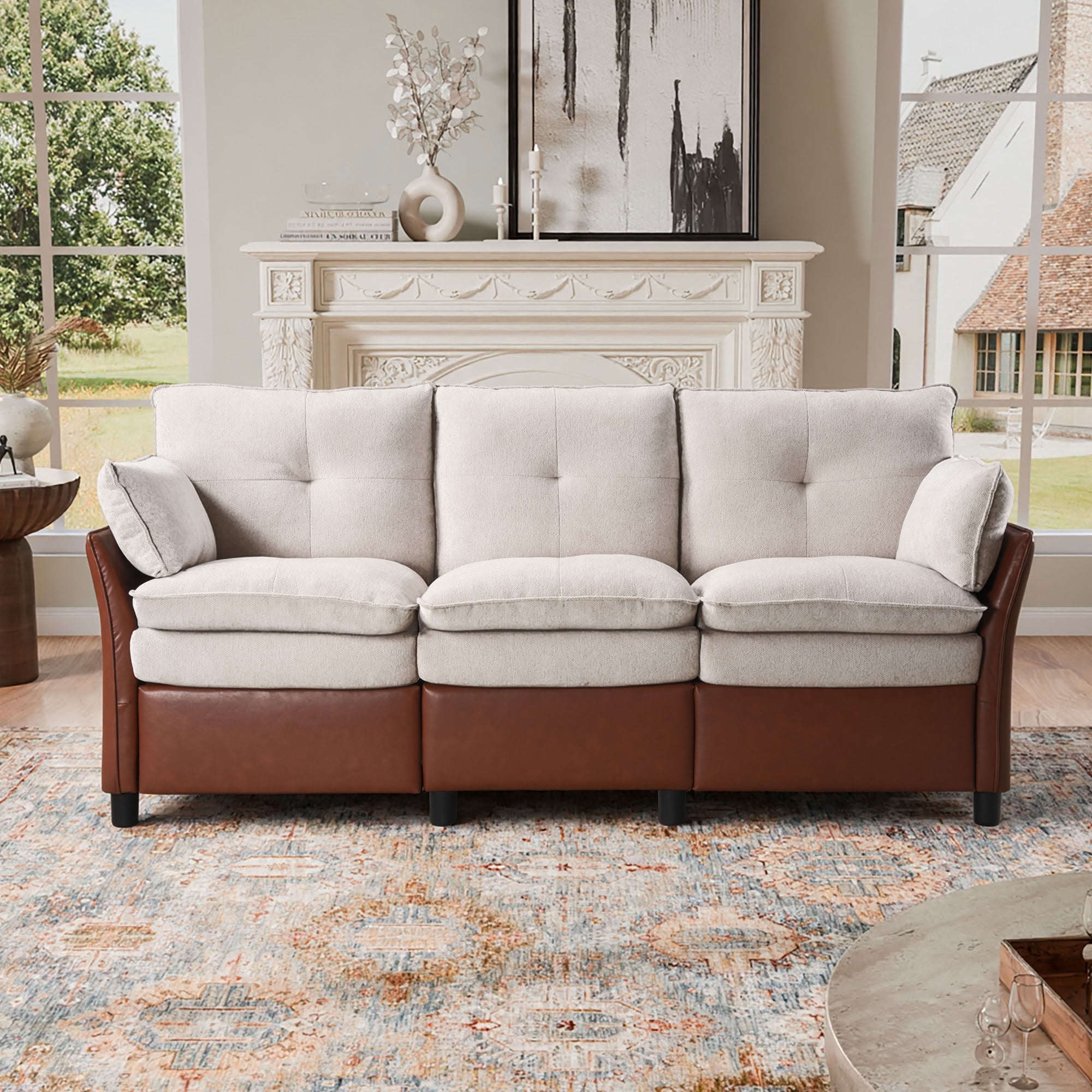 MAYEERTY 3-Seater Reclining Sofa with Extendable Footrest, Dual-Tone Linen & PU Leather Couch, 660 LBS Capacity for Living Room Apartment